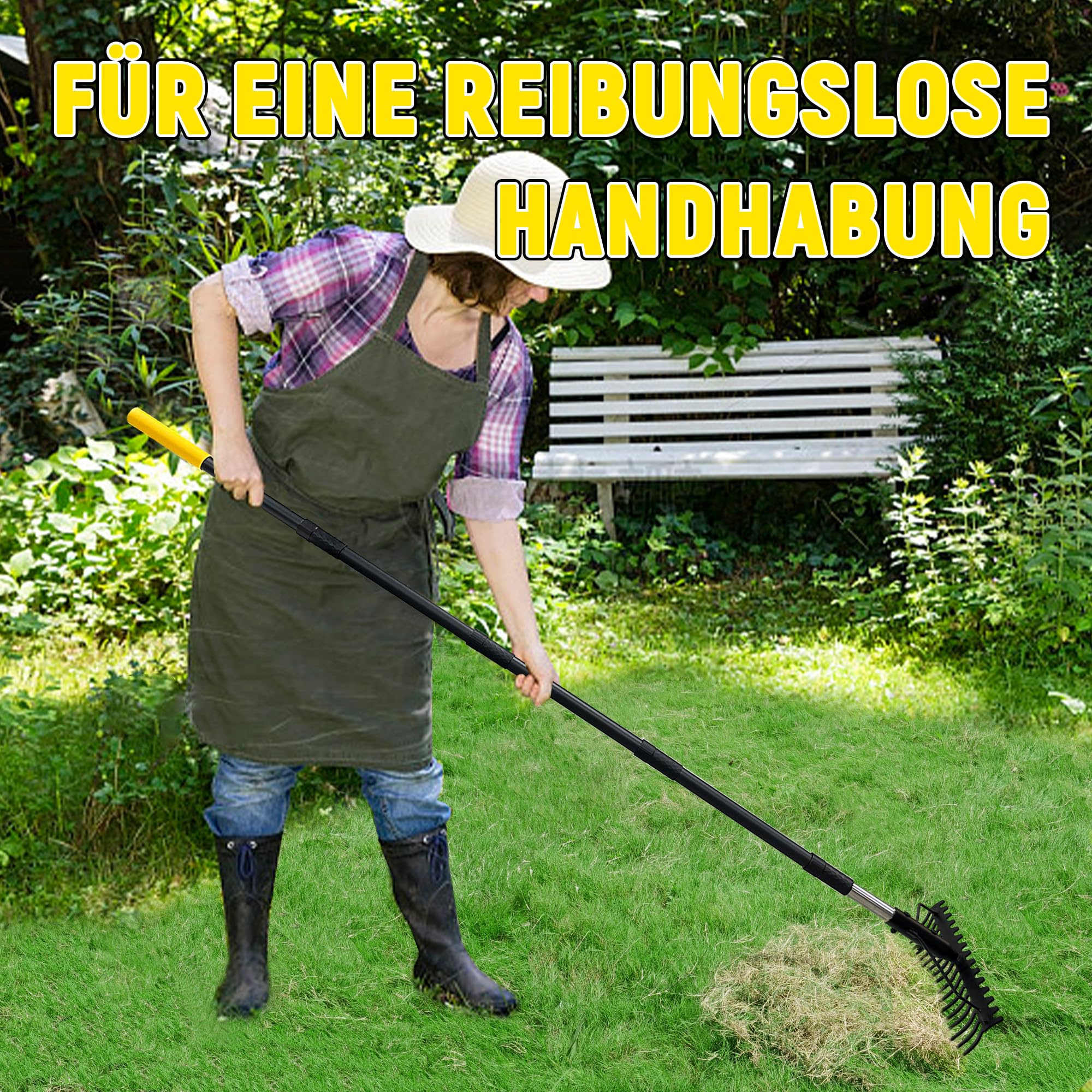 Gartenrechen, 1,7m Metallrechen mit 17 Stahlzinken, Harke mit Edelstahlgriff zum Lockern von Boden und Nivellieren von Rasen, Laubbesen, Rasenrechen, Heurechen für Rasen und Blätter