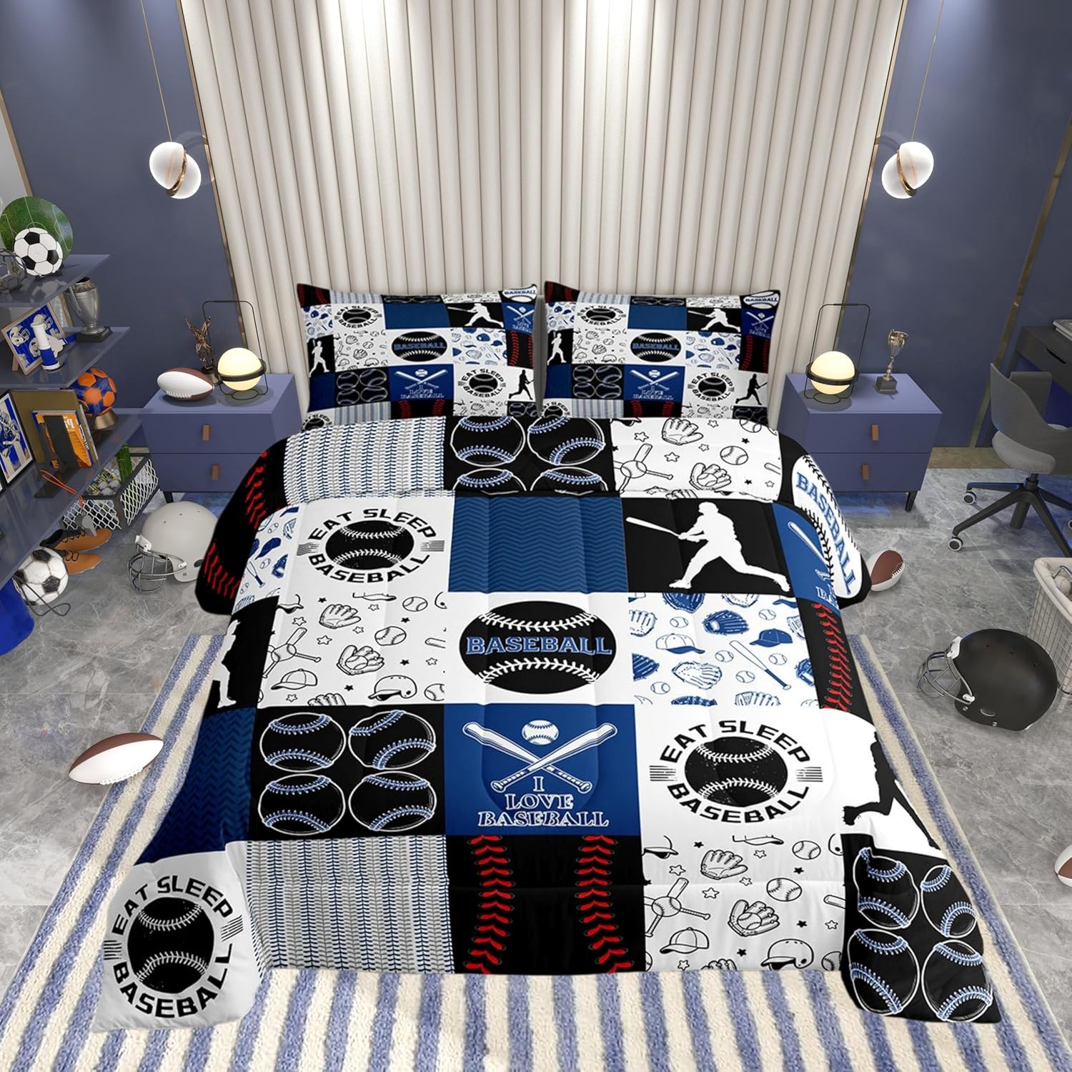 Castle Fairy Baseball Kids Comforter Set,Patchwork Baseball Down Alternative Adults Room Decor,Sports Geometric Grid Blue Ultra Soft Microfiber Inner Fill 3Pcs Bedding Queen Size