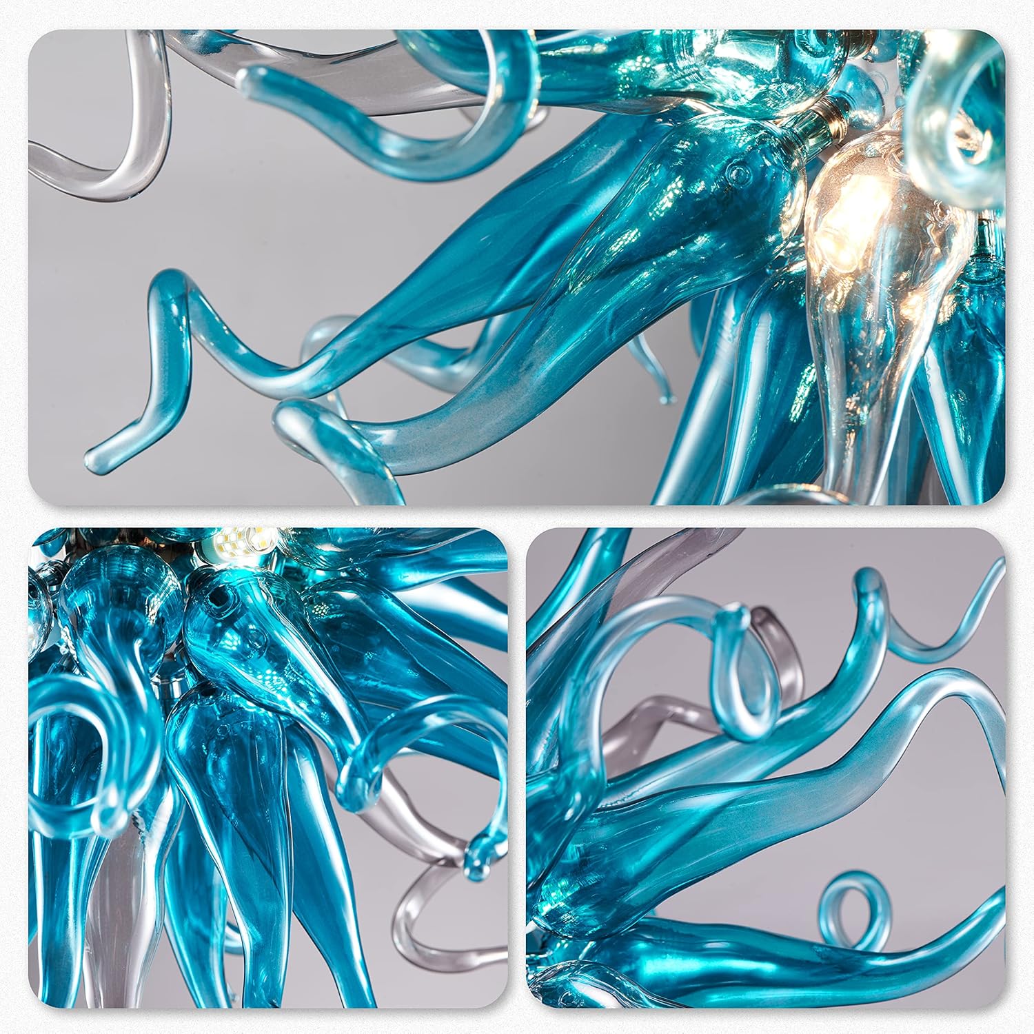 Hand Blown Glass Chandeliers 26 Inch Blue Glass Chandelier Grey Art Ceiling Lights Hanging Light Fixtures for Farmhouse Dining Room Table Foyer Entryway