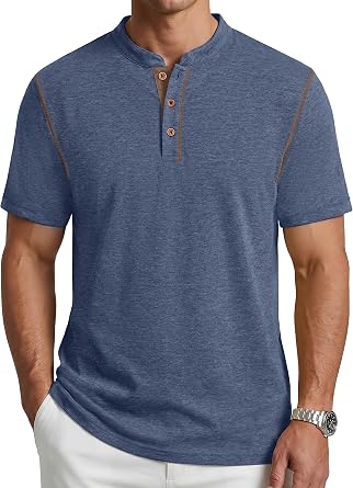 PEGENO Mens Henley Short Sleeve T-Shirt Casual Shirt Banded Collar Designed Placket Tees Tops
