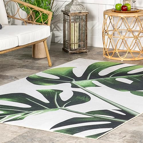 Miniatura 8 de nuLOOM Hanni Leaves - Alfombra lavable a máquina para interiores y exteriores, 5 x 8 pies, color verde