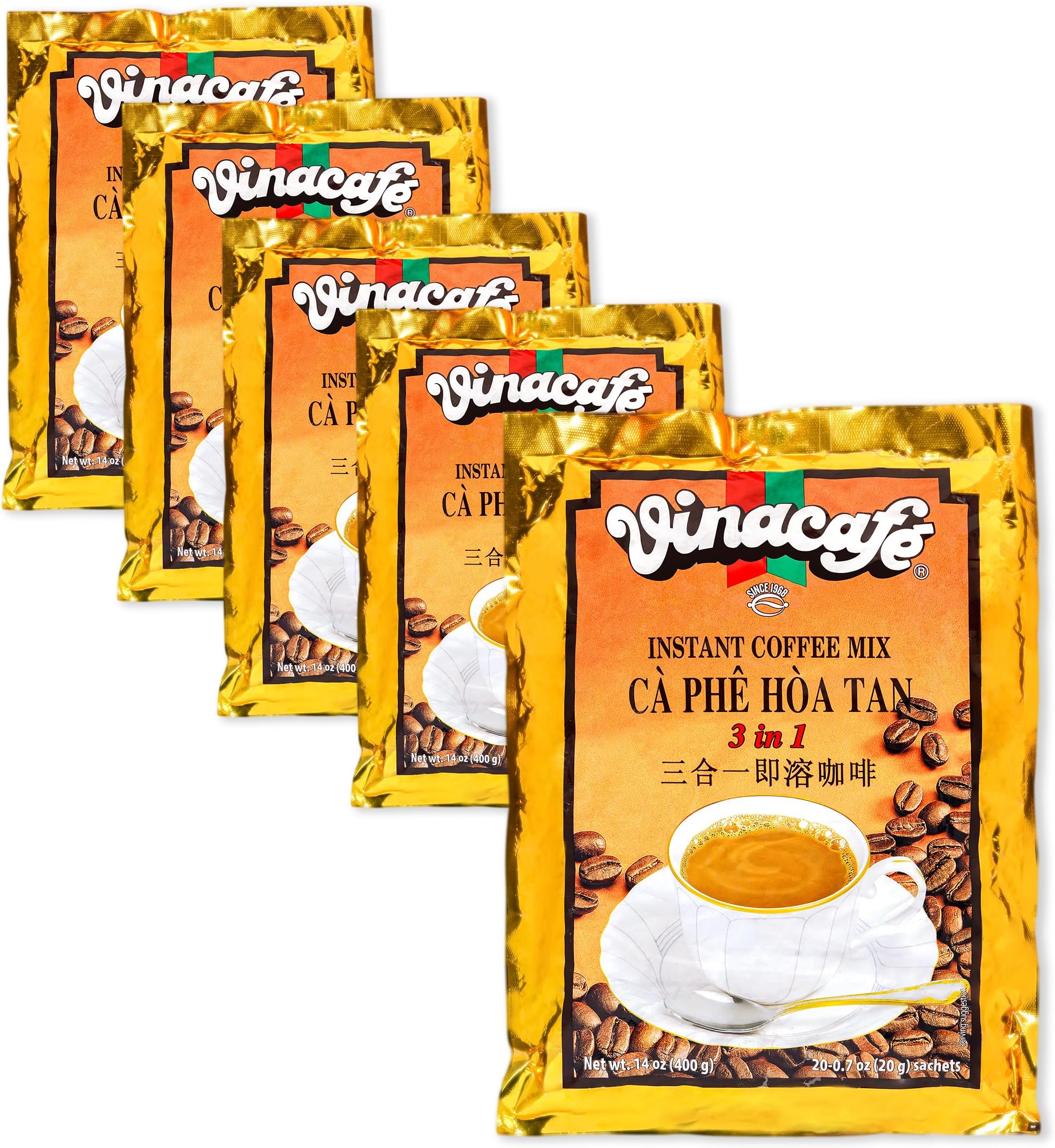 Vinacafe Instant Coffee Packets 3 in 1 Authentic Vietnamese Taste, Balanced Medium Roast Coffee Mix for Quick Preparation at Home, Office or Travel, Single Serve Sachets Pack of 5 | 20 Sachets Per Bag (100 Total Counts)