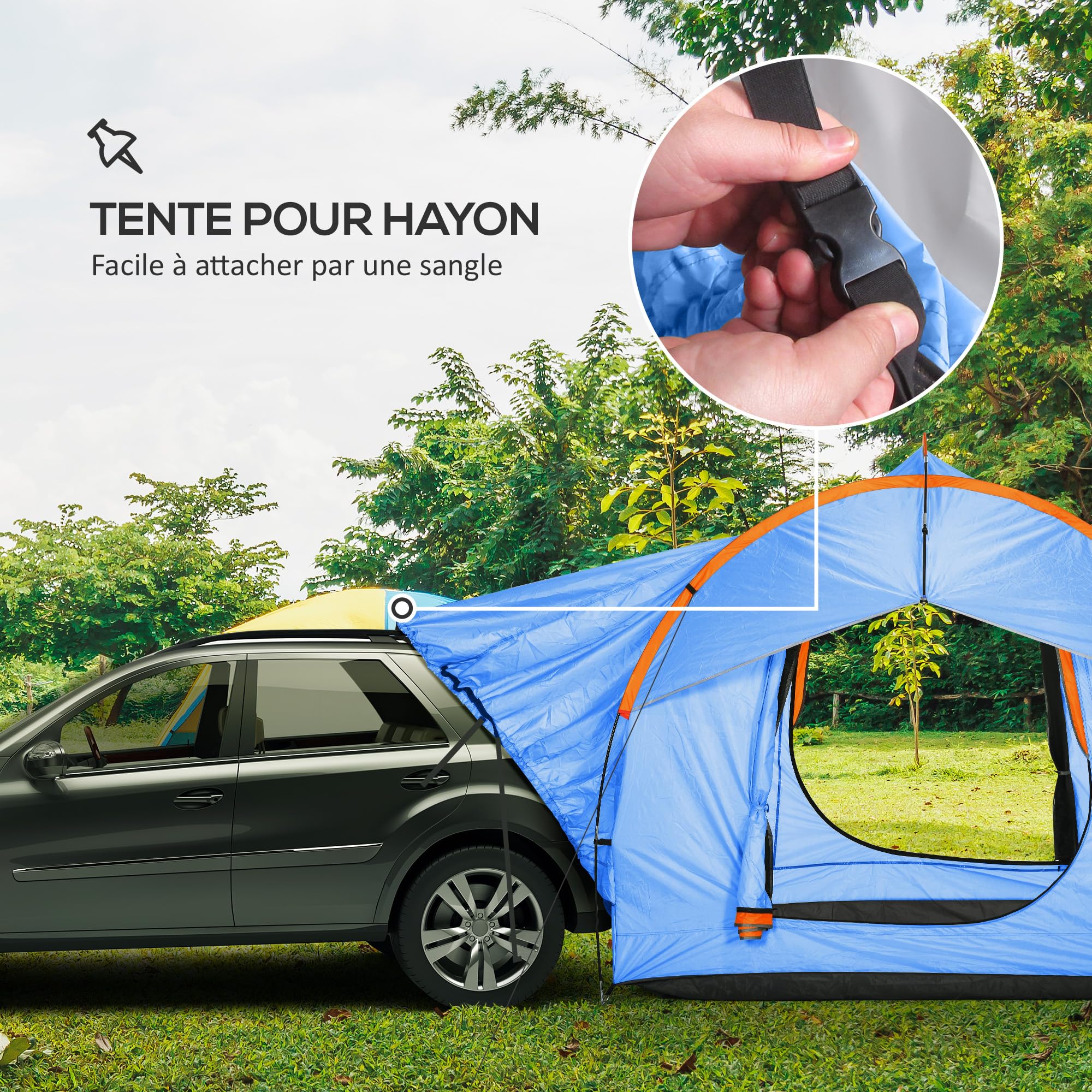 Outsunny 5-6 Personas Familia Hatchback Coche Tienda de campaña SUV con 3 Puertas y Ventana de Malla, para Trekking, Camping y Senderismo, Azul y Naranja