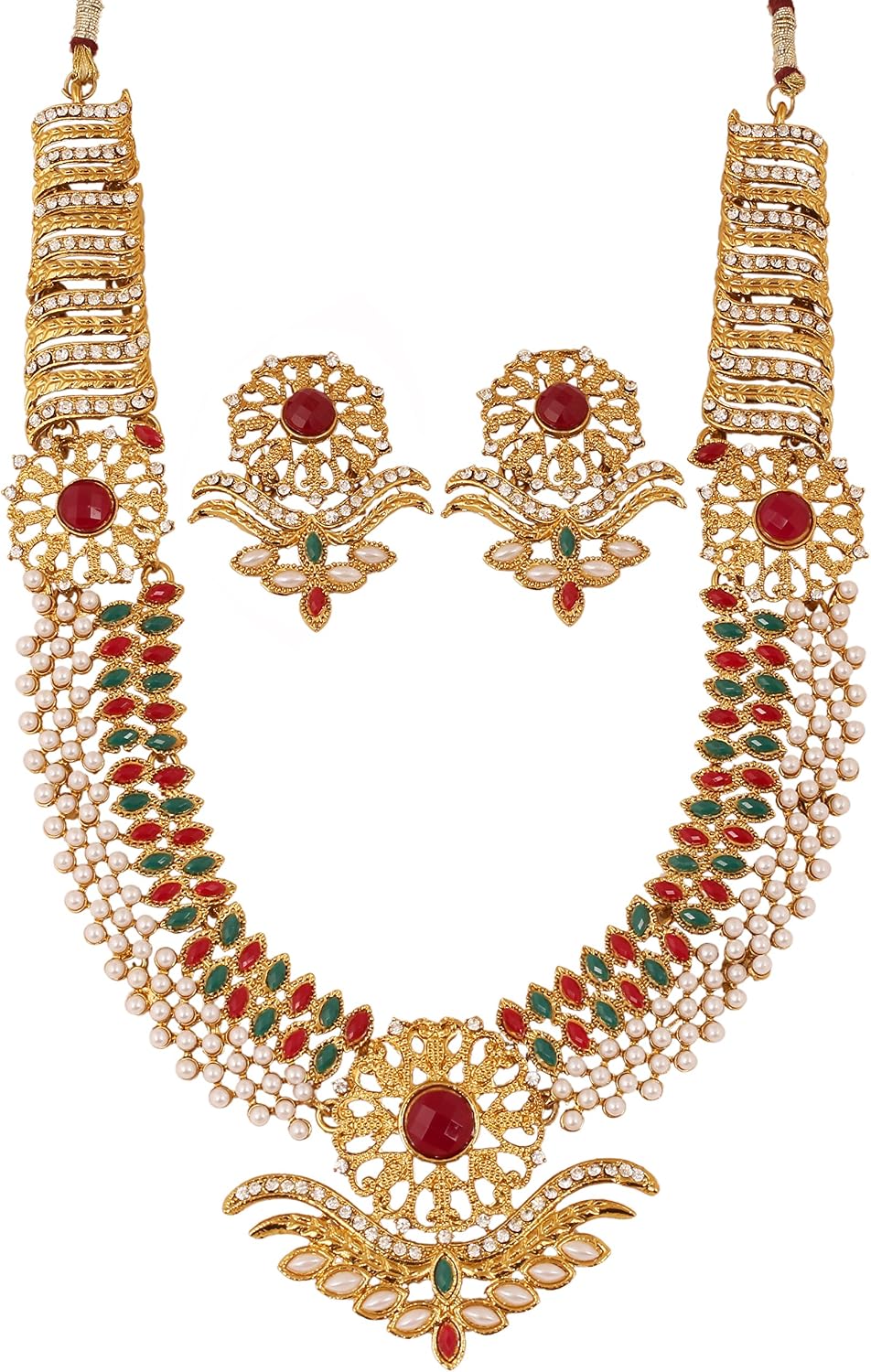 Touchstone “South Temple Collection Indian Bollywood White Red Green Stones Bridal Designer Jewelry Rani Haar Long Necklace Set In Gold Tone For Women