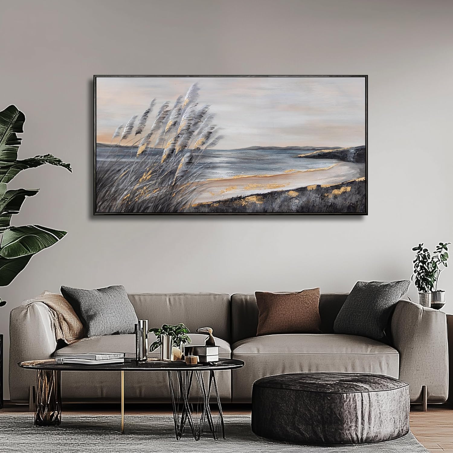 yuaxker ocean wall art grey and black wall decor framed art aesthetic coastal canvas painting for living room bedroom dining room office home decor 24x48 inch 24"x48" black and gold