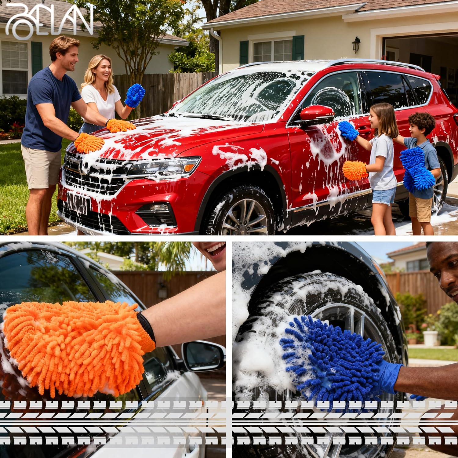 Raeyuan 3-Pack Car Wash Mitt, Premium Chenille Microfiber Wash Glove for Auto Detailing, Scratch Free & Lint Free Cleaning Kit with Elastic Cuff, Color Coded System (Blue, Orange, Green)