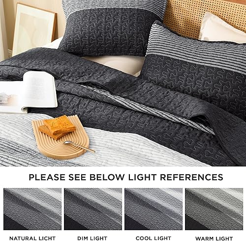 Miniatura 6 de Litanika Colcha de verano de 3 piezas, tamaño King, color gris y negro y blanco, diseño de retazos de rayas grises, juego de ropa de cama acolchado