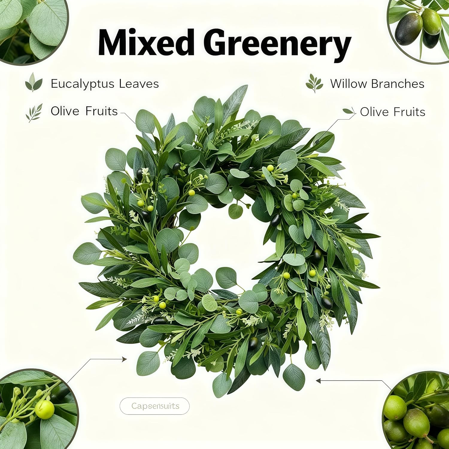 26 Inch Farmhouse Olive Wreath for Front Door, Extra Full Faux Olive Eucalyptus & Willow Greenery, Realistic All Season Spring Summer Wreath for Wedding, Kitchen, Indoor Outdoor Decor