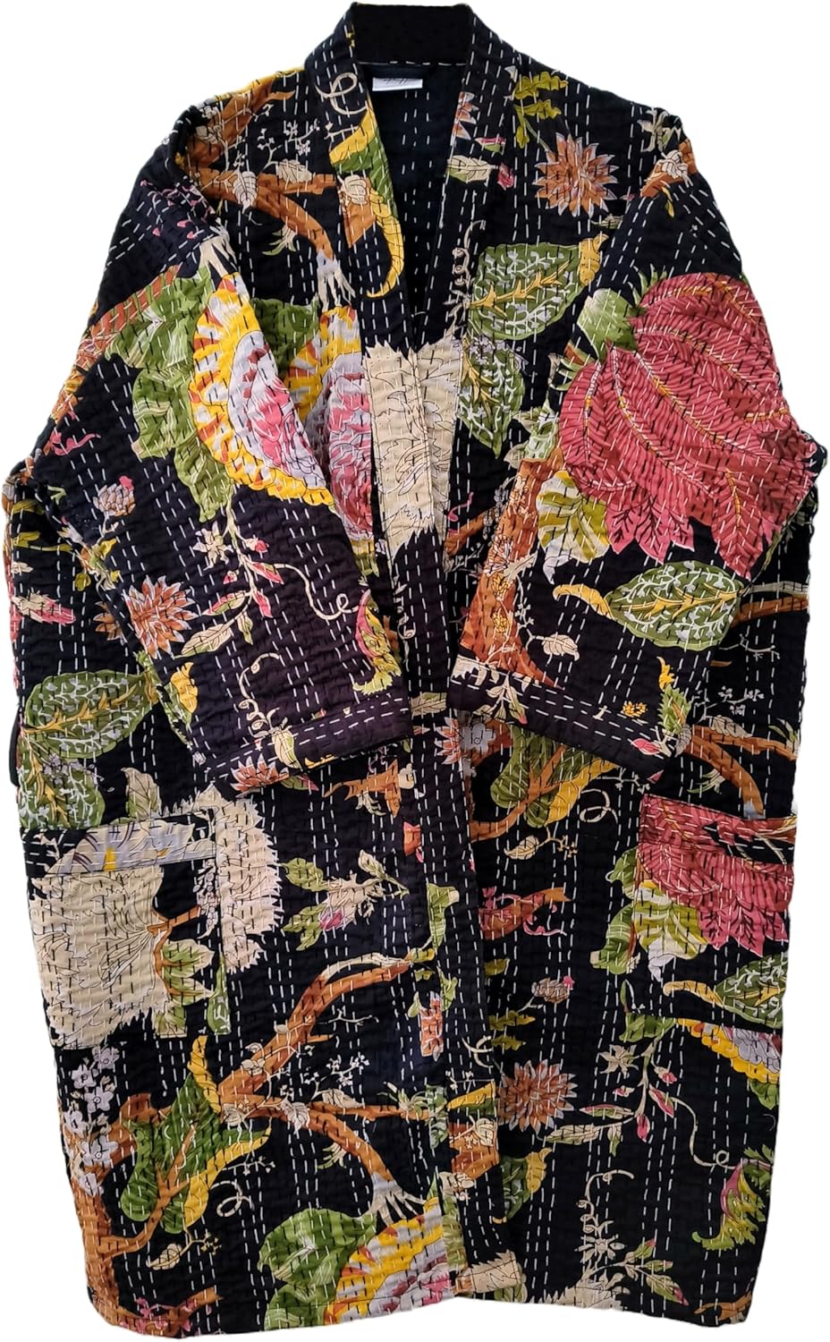 Kantha Kimono, Floral Print Cotton Jacket, Black Jacket, Handmade Lightweight Midi Length