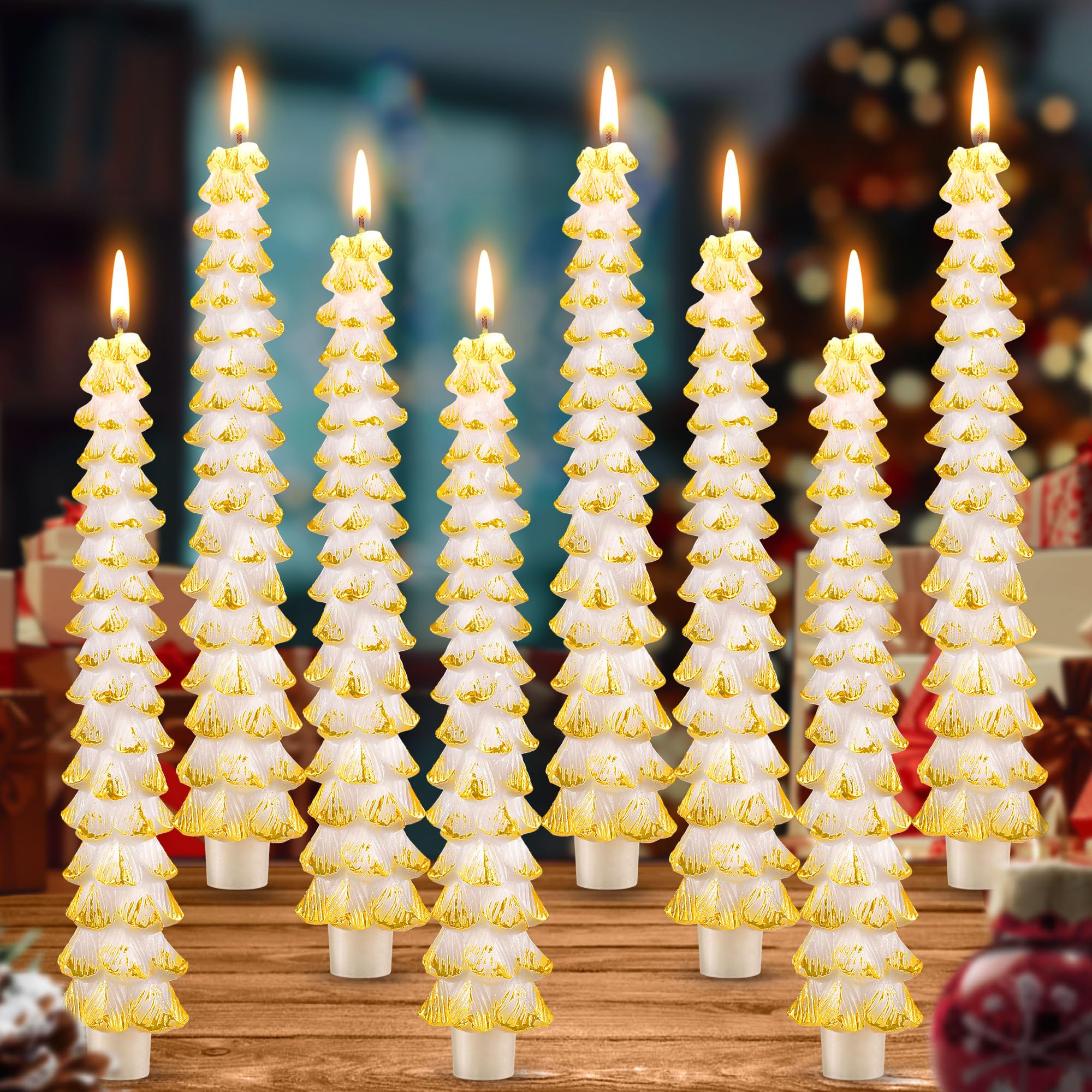 Lot de 8 bougies en cire d'abeille non parfumées en forme d'arbre de Noël de 25,4 cm pour décoration de Noël, fête, banquet, centre de table (blanc avec bordure dorée)