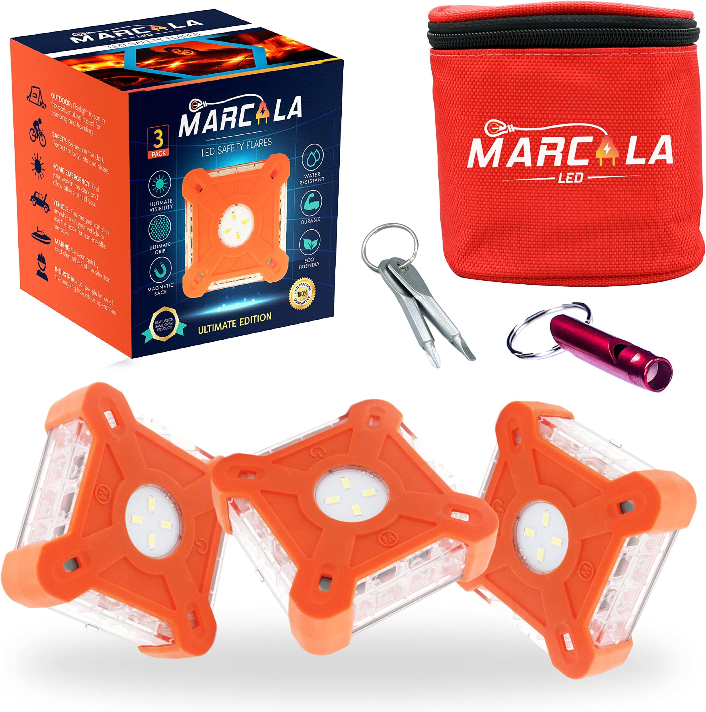 MARCALA 2019 Roadside Safety Discs | The only complete LED Road Flare kit w/a Whistle! | DOT Compliant LED Safety Flare Kit w/Batteries installed, Carry-Case and 3 Bonuses | Feel safer on the road!