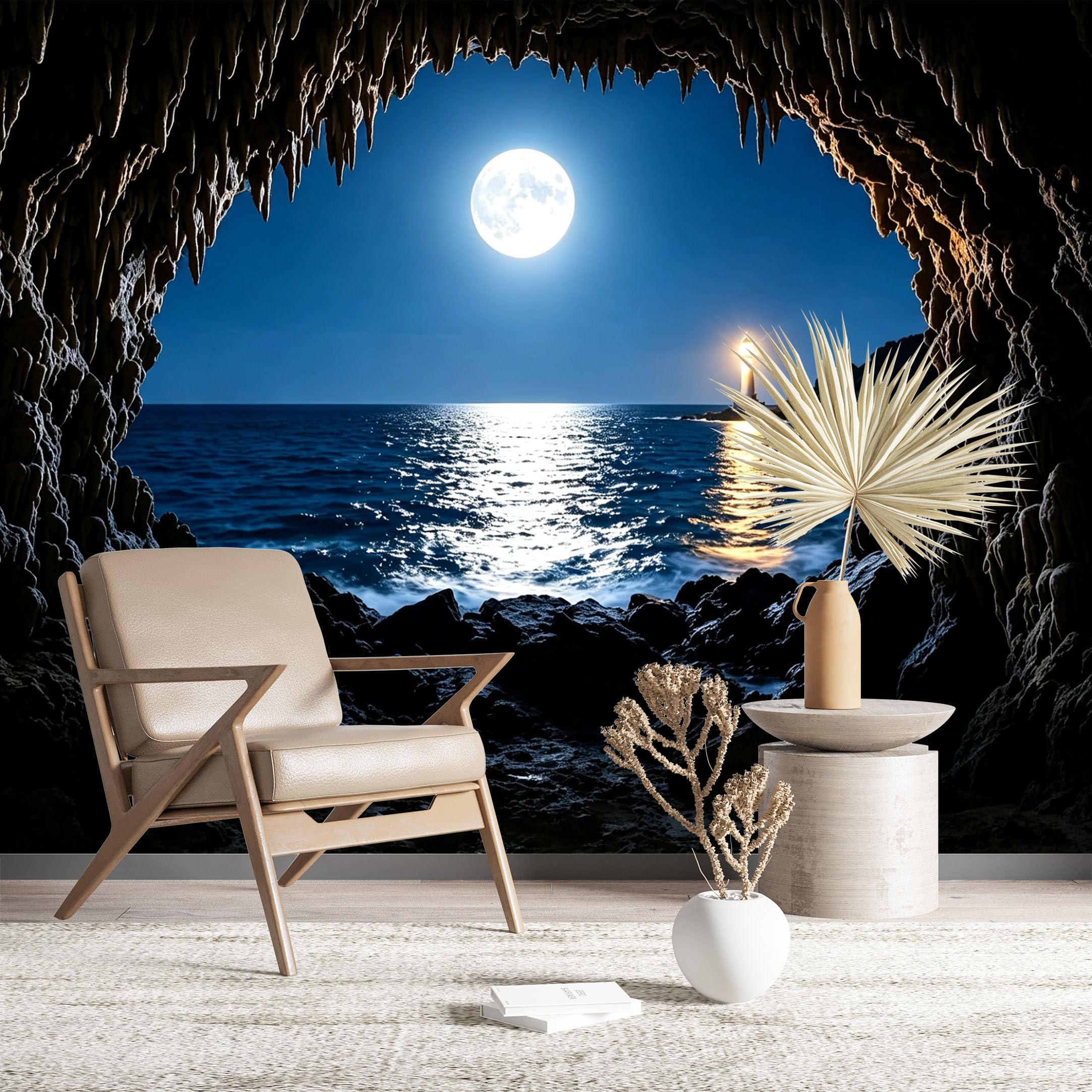 Custom Size Wall Murals Moonlit Sea View from Cave Wall Murals Ocean Wallpaper Full Wall Self-Adhesive Removable Wallpaper for Living Room Bedroom