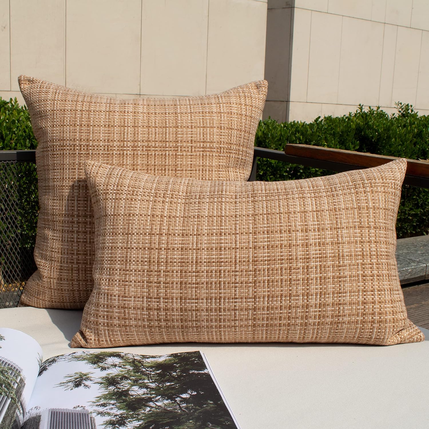 Kevin Textile Outdoor Waterproof Throw Pillow Covers 26x26 Inch Pack of 2 Woven Faux Linen Farmhouse Decorative Euro Shams Water Resistant Cushion Covers for Tent Patio Garden Couch Sofa Beige