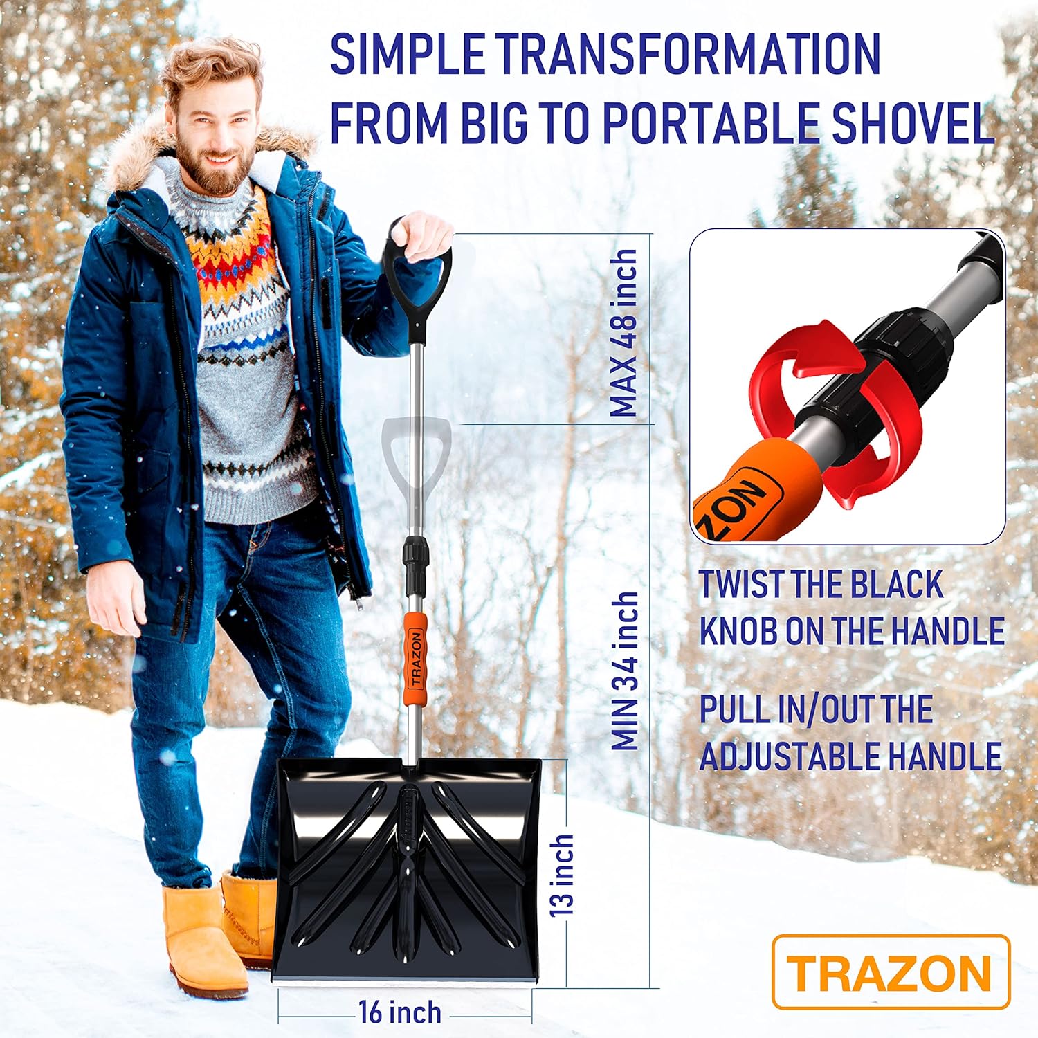 review Snow Shovel for Driveway Car Home Garage - Portable Folding Snow Shovel with Retractable Ergonomical Handle and Large Capacity for Snow Removal - Heavy Duty Metal Collapsible Shovel Removal, Model2022