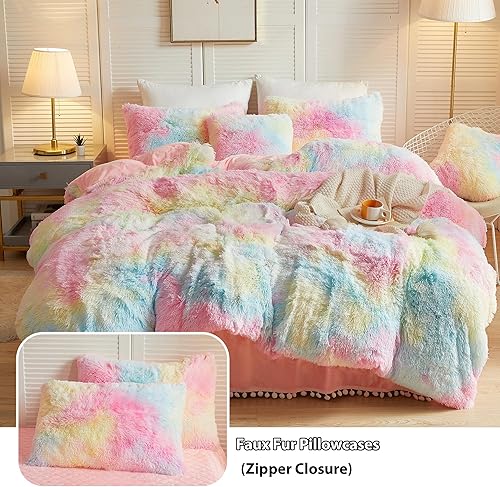 Miniatura 10 de LIFEREVO Juego de funda de edredón de lujo de piel sintética esponjosa, suave juego de funda de edredón de felpa de teñido anudado (1 funda de