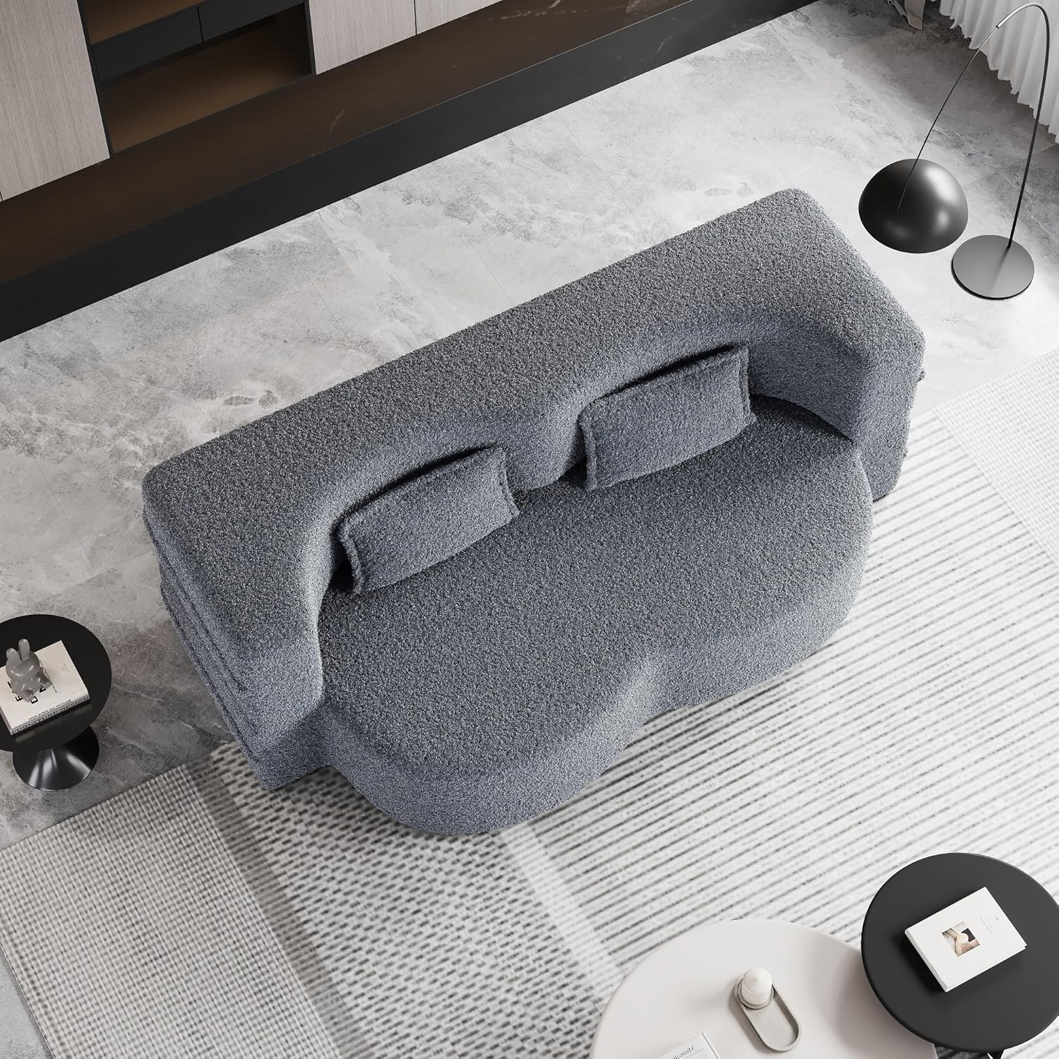Modern Floor Sofa with 2 Pillows,Convertible Teddy Fabric Foam-Filled Sleeper Sofa Bed,15" Full Size Folding Mattress for Living Room, Guest Bed, Playroom (Grey)