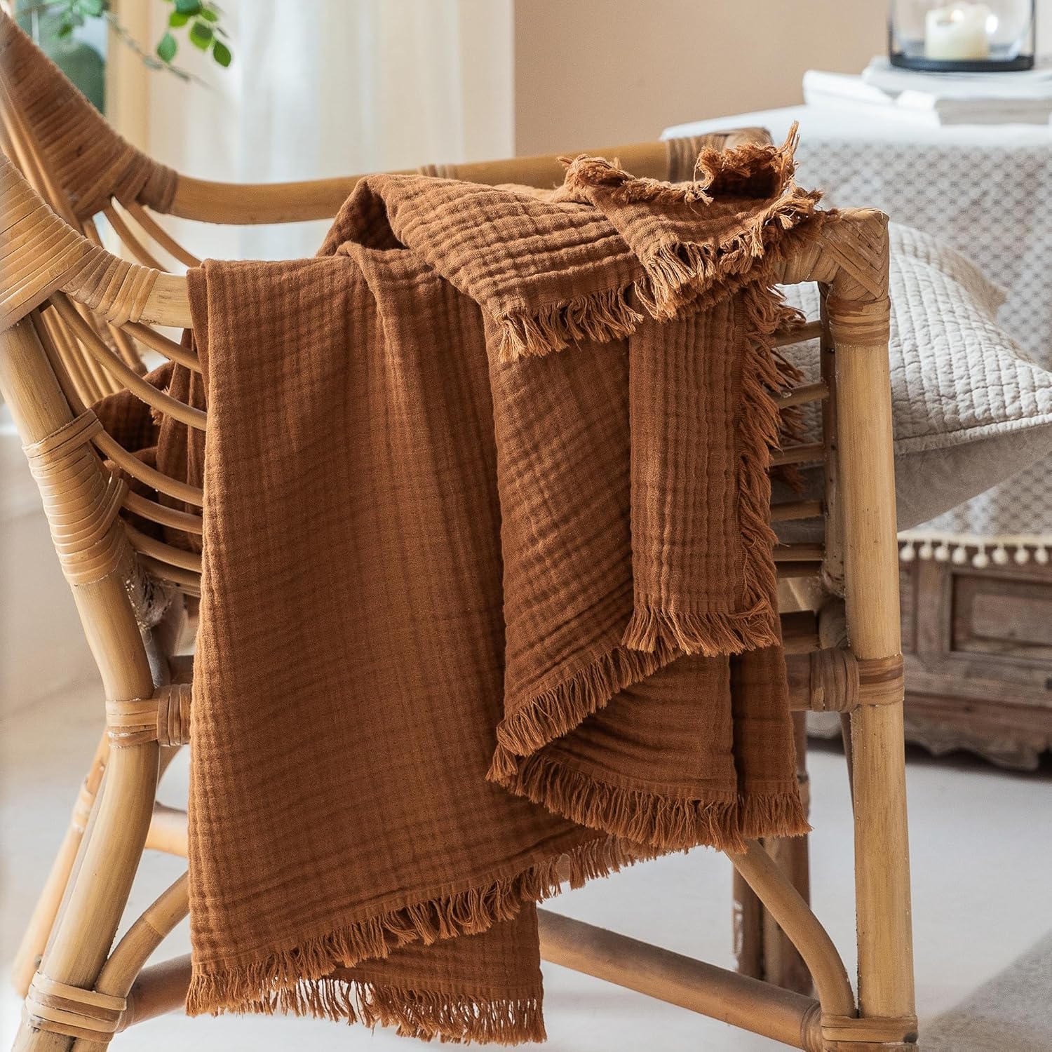 Muslin Fringe Blanket for Adults 100% Cotton 4-Layer Gauze Cloud Soft Breathable Lightweight All Season Throw Blanket for Bed Couch Sofa Office (Dark Orange, Throw 50" × 60")