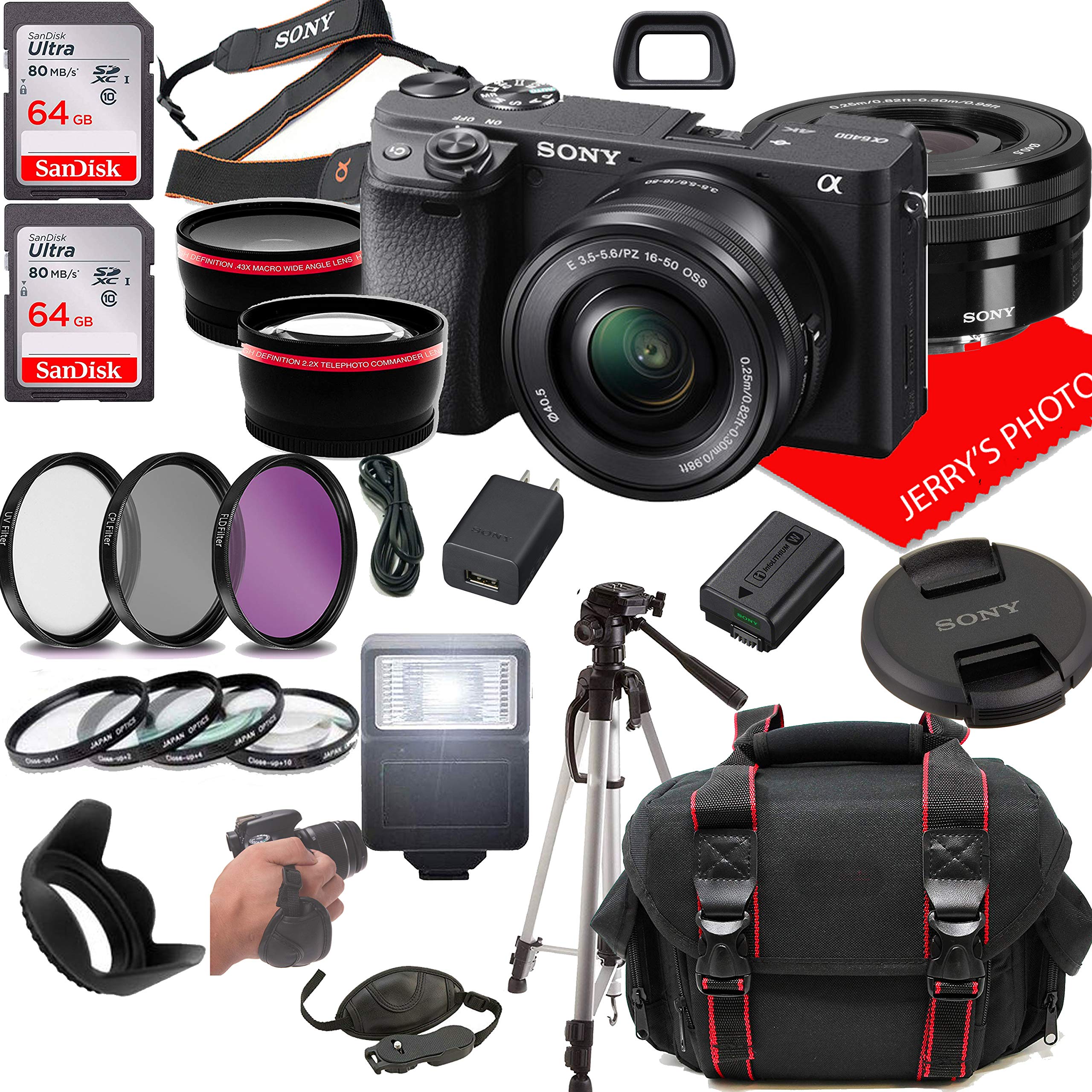 Sony Alpha a6400 Mirrorless Digital Camera with 16-50mm Lens + Case + 128GB Memory (25pc Bundle)