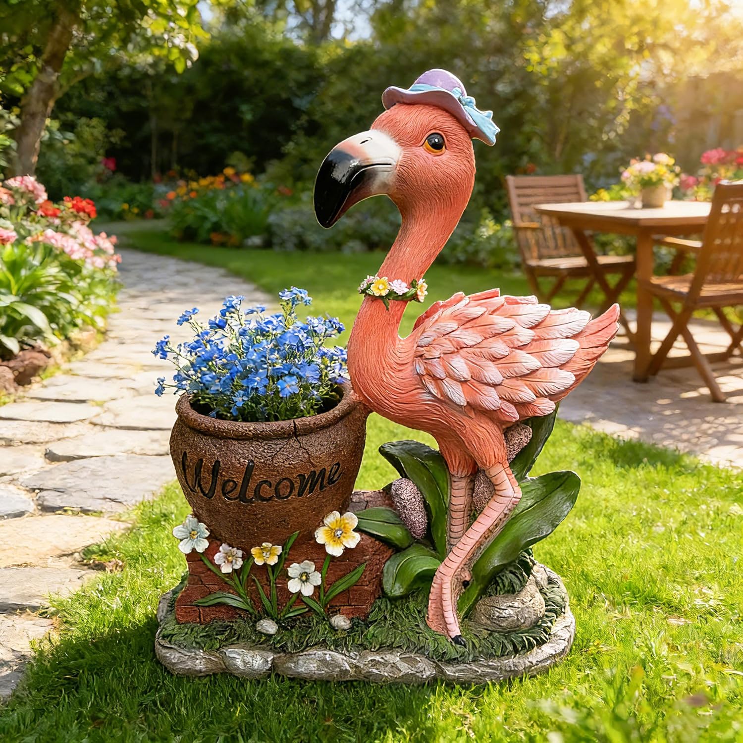 Flamingo Planter for Outdoor Plants - Solar Powered Garden Statue with LED Lights & Drainage Hole, 29" Funny Plant Pots for Front Porch Decor, Decorative Flower Pots for Patio Yard Art Gift