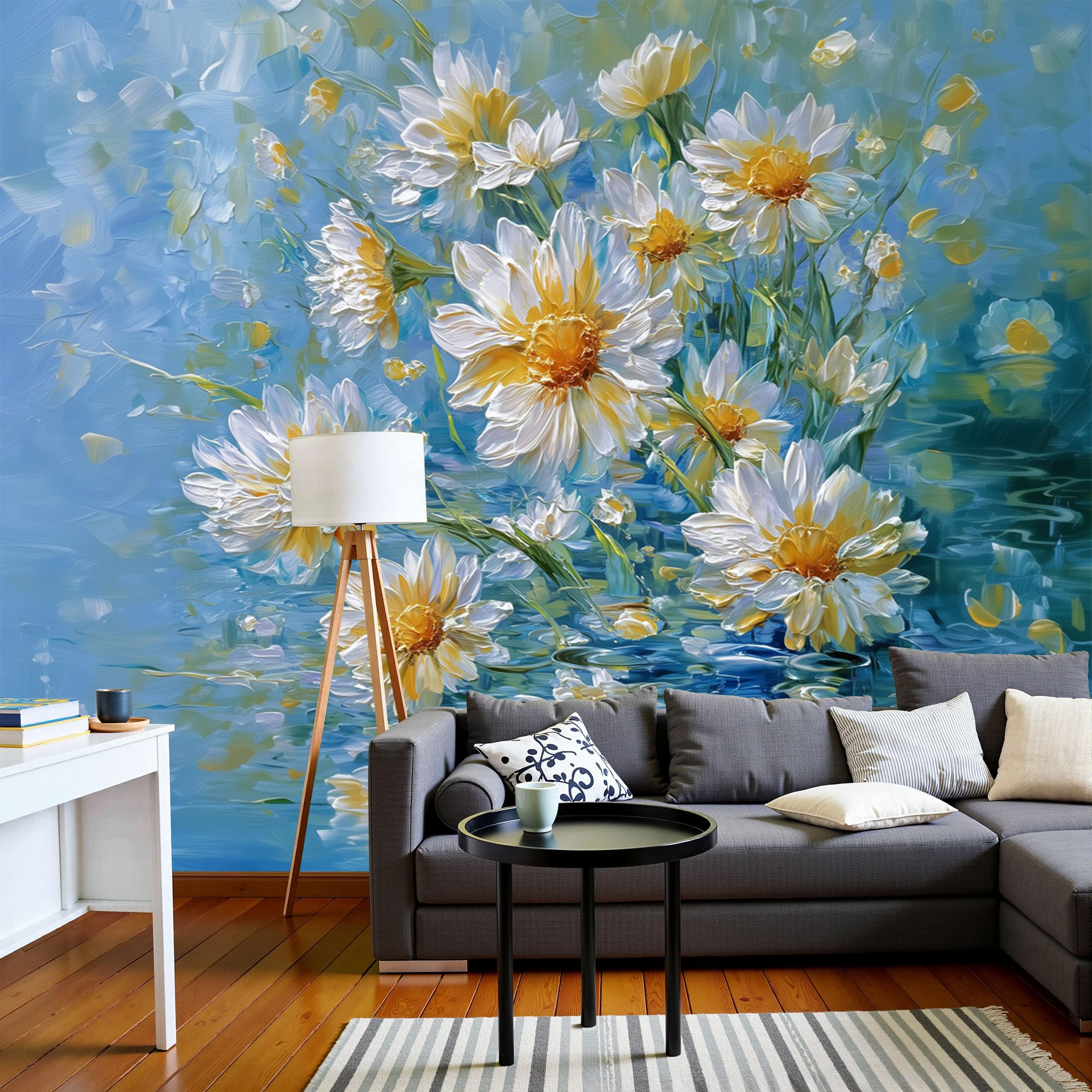 Poster mural panoramique bleu ciel pour instaurer une ambiance apaisante dans le salon