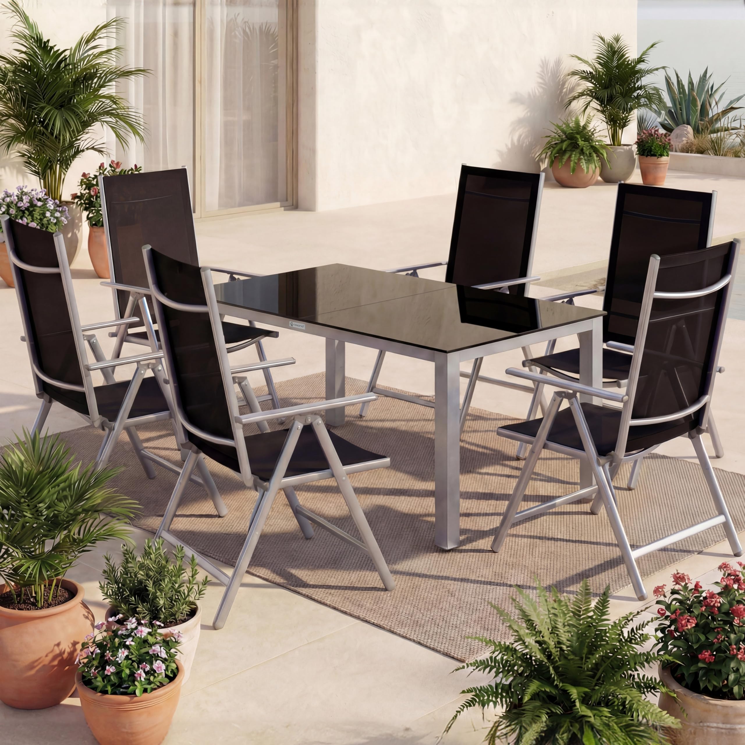 Casaria® Gartenmöbel Set 6 Stühle mit Tisch 150x90cm Aluminium Sicherheitsglas Wetterfest Klappbar Modern Terrasse Balkon Möbel Sitzgruppe Garnitur Bern