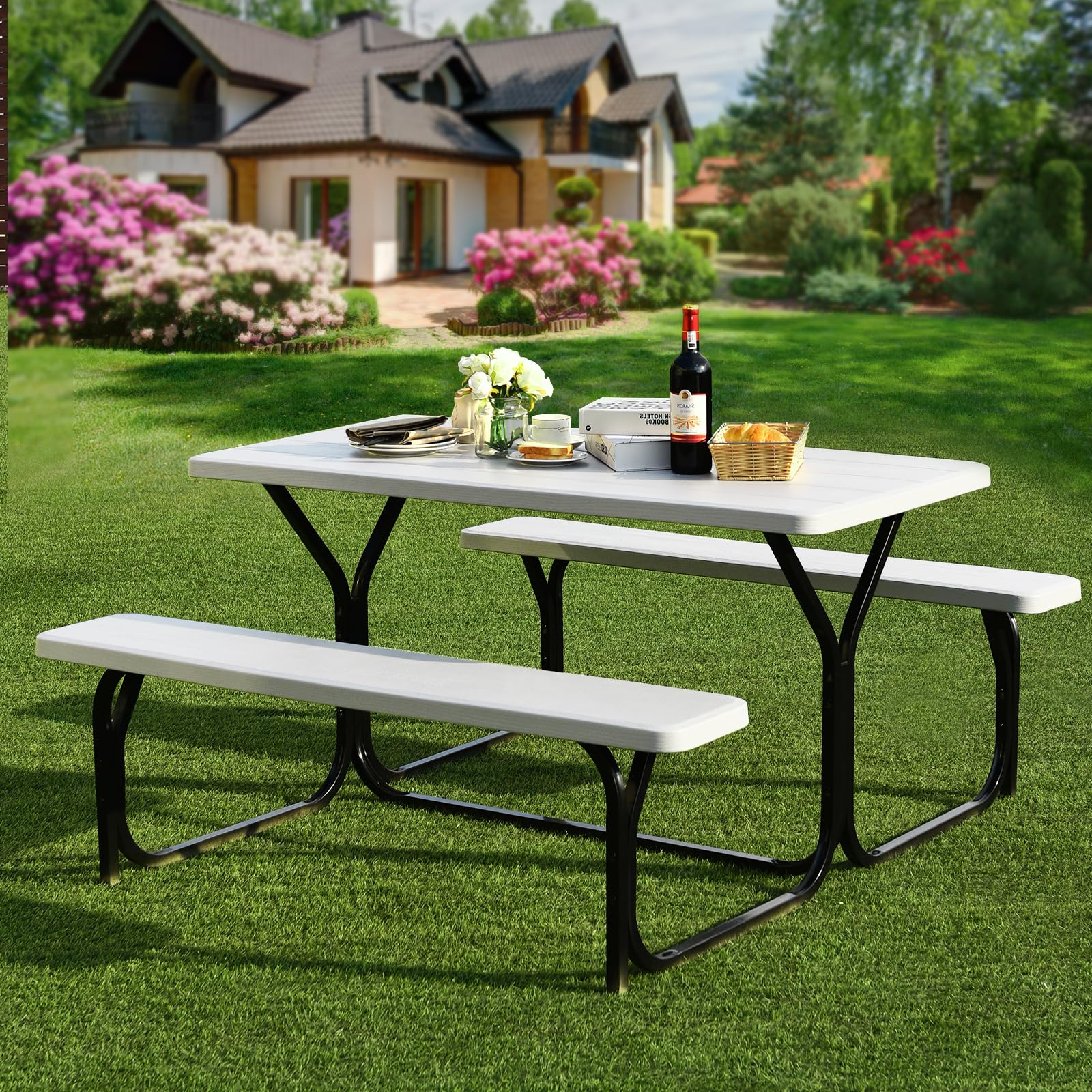HOMASIS Tavolo e Panche Birreria, Tavolo e Sedie da Esterno, Set di Mobili da Giardino, Panca da Giardino, Tavolo da Picnic con Sedia, Mobile per Bar, Ristorante, 136,5 x 150 x 72 cm (bianco)