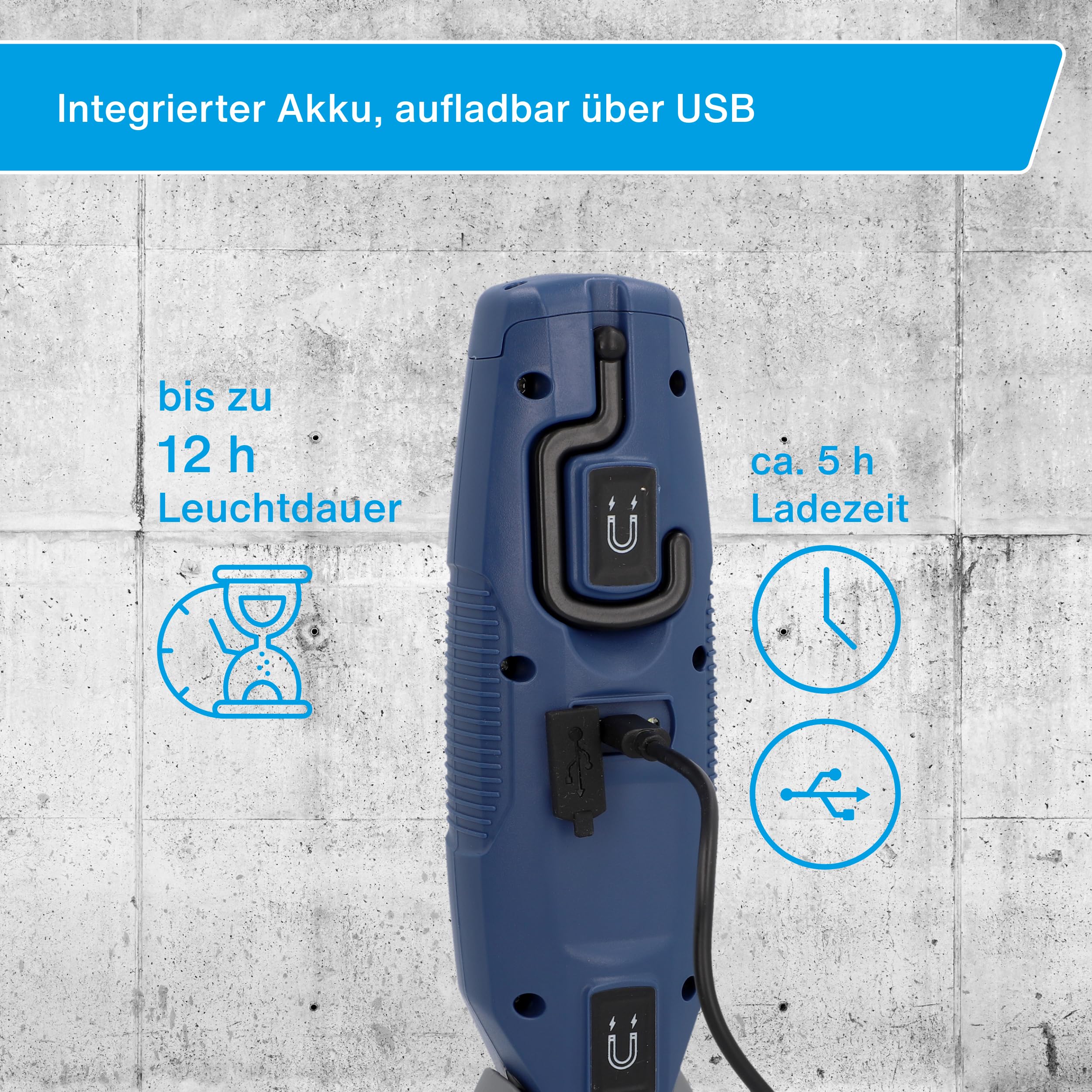 cartrend Lampa warsztatowa LED, wysoka jasność, 600 lumenów, światło powierzchniowe, akumulator 2600 mAh, trzy tryby oświetlenia, hak obrotowy 360°, wytrzymała obudowa ABS