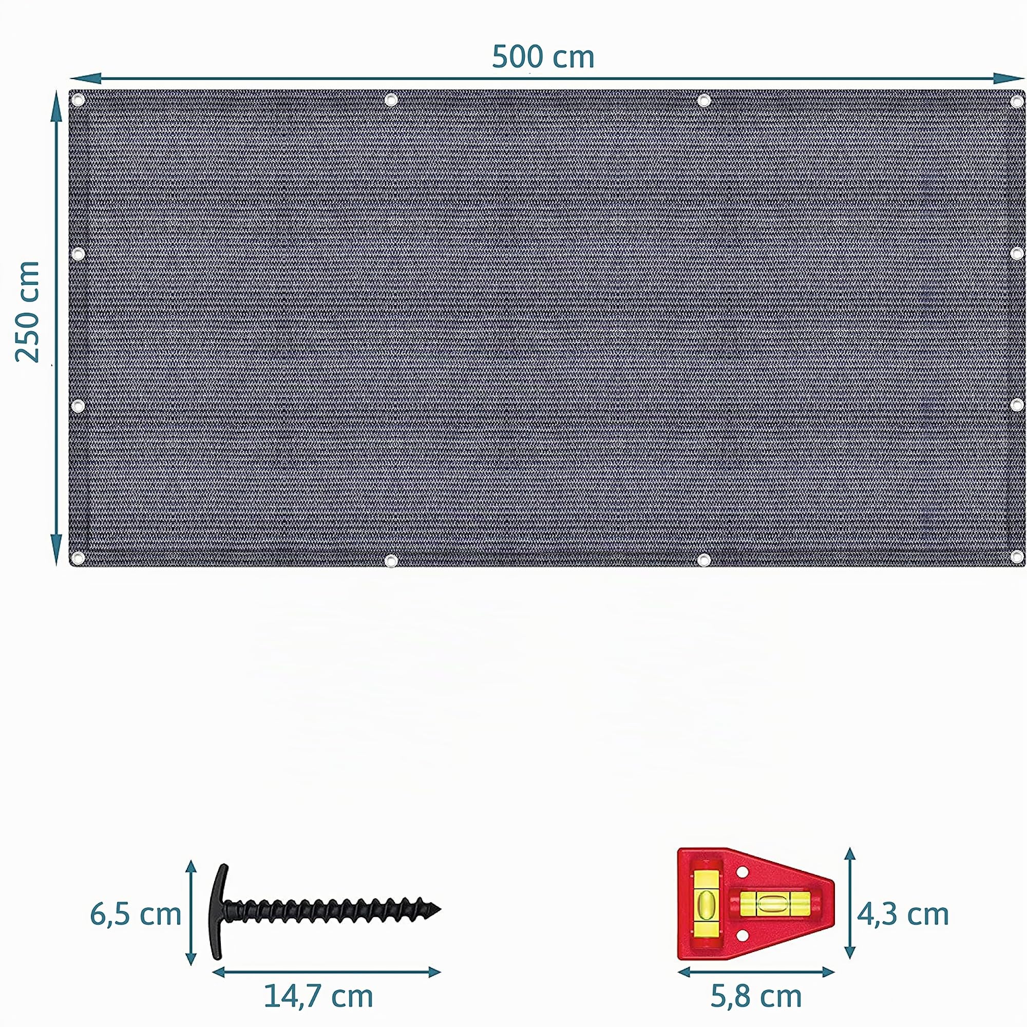 Tapis De Sol Extérieur pour Tente Et Auvent en Polyéthylène Bleu/Gris - Œillets en Acier Inoxydable - Robuste Et Lavable - Sac De Transport Et 8 Piquets + Niveau À Bulle