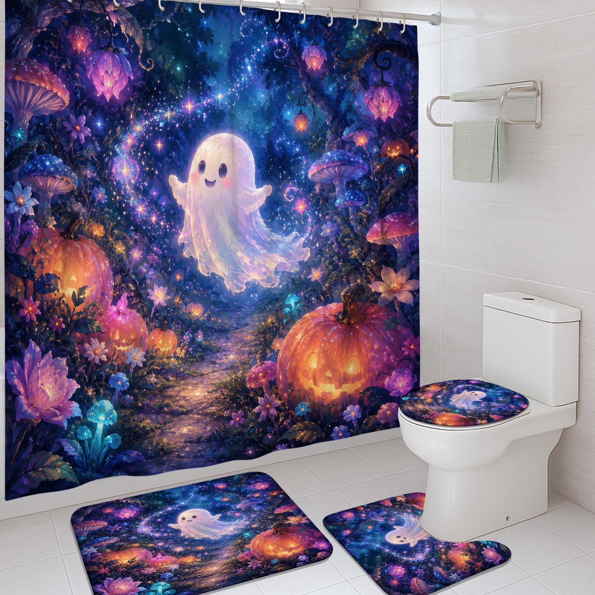 Ensemble rideau de douche polyester imperméable Halloween avec tapis de baignoire