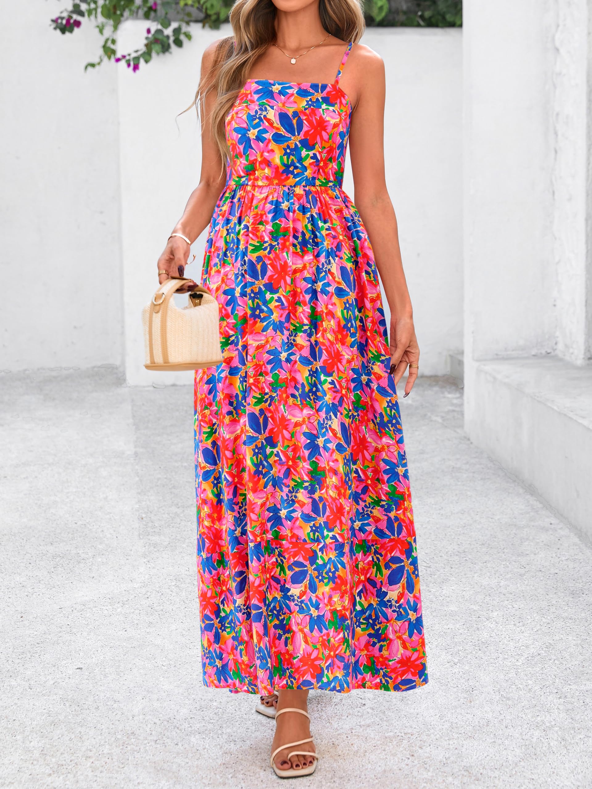 PRETTYGARDEN Sommerkleid für Damen, Spaghettiträger, Blumenmuster, Boho-Stil, für Party und Hochzeit