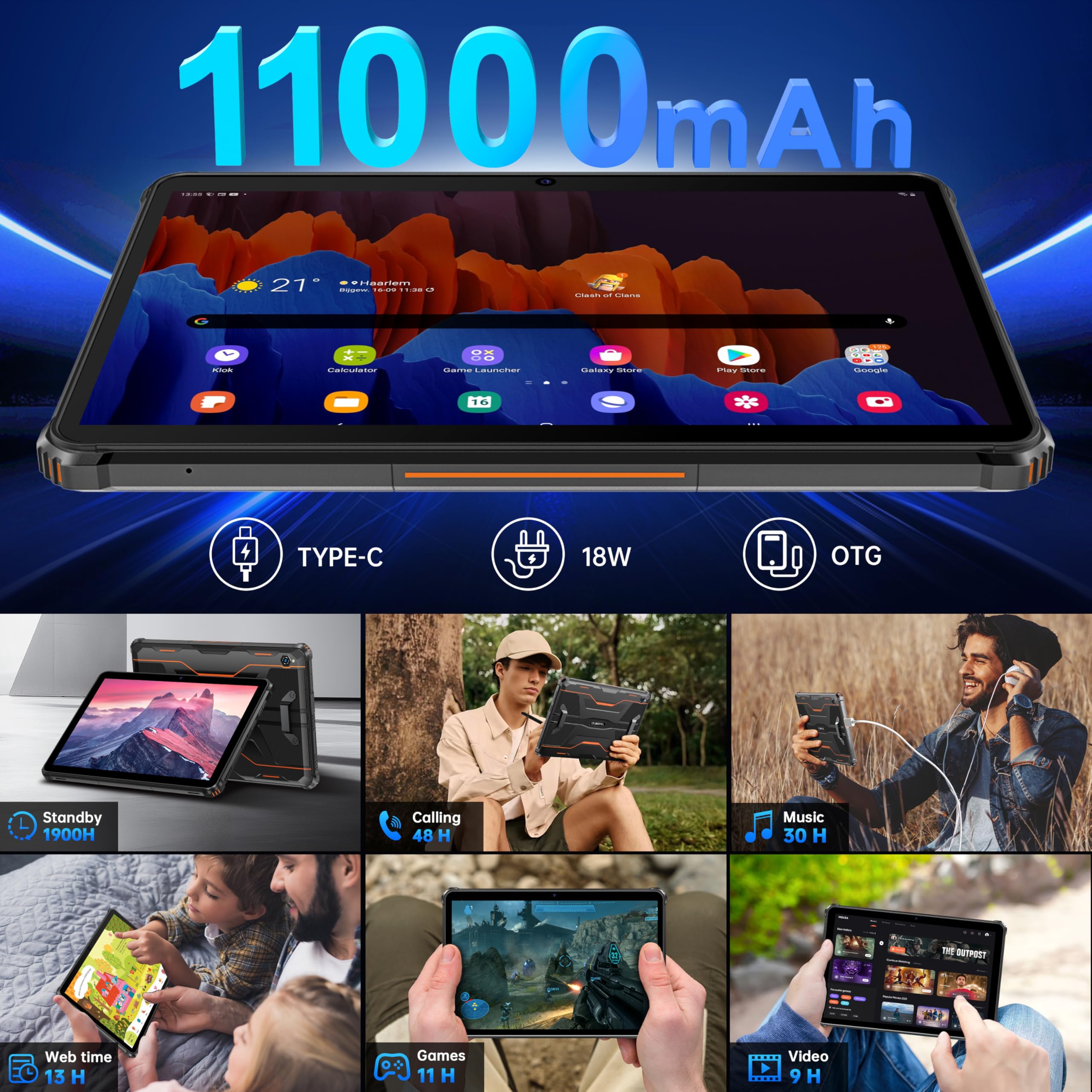 OUKITEL RT9 Rugged Tablet - 10,1" HD, Android 14 Tablet Robust, 24GB+256GB (TF 1TB) Tablet PC Robusto, 11000mAh Tablet in Offerta, 16MP+16MP, IP68/IP69K Dual SIM 4G LTE/5G WiFi/Face ID/OTG/GPS/Arancia
