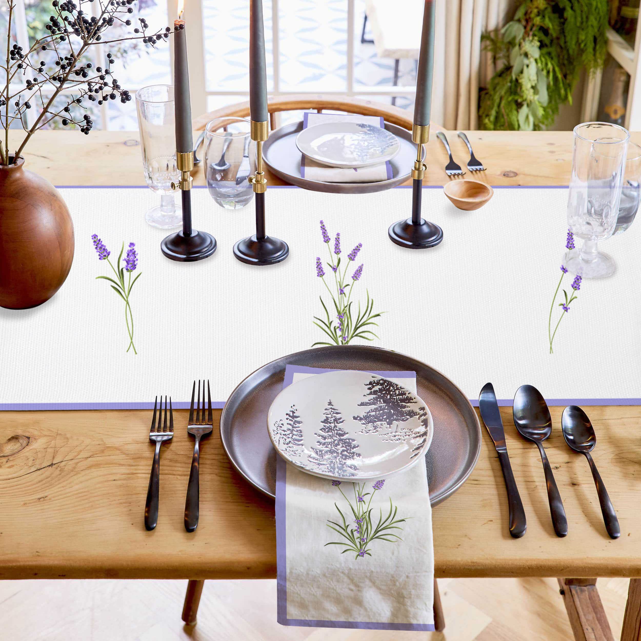 Spring Burlap Table Runner - Lavender Purple Butterfly Pattern, 13x36 Inch