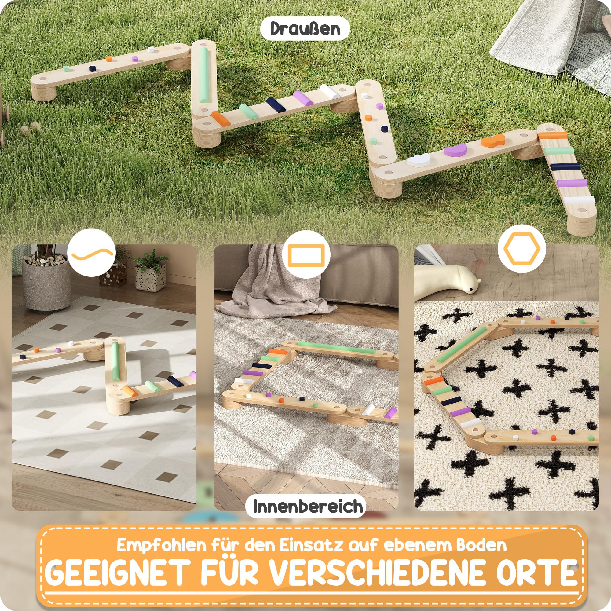 AIYAPLAY Balancierbalken Kinder Holz Schwebebalken 6 Balanciersteine | Kleinkinder, Bunte Hindernissteine, Montessori Spielzeug, Drinnen Draußen, Balance Board, für Koordination, ab 3-8 Jahre