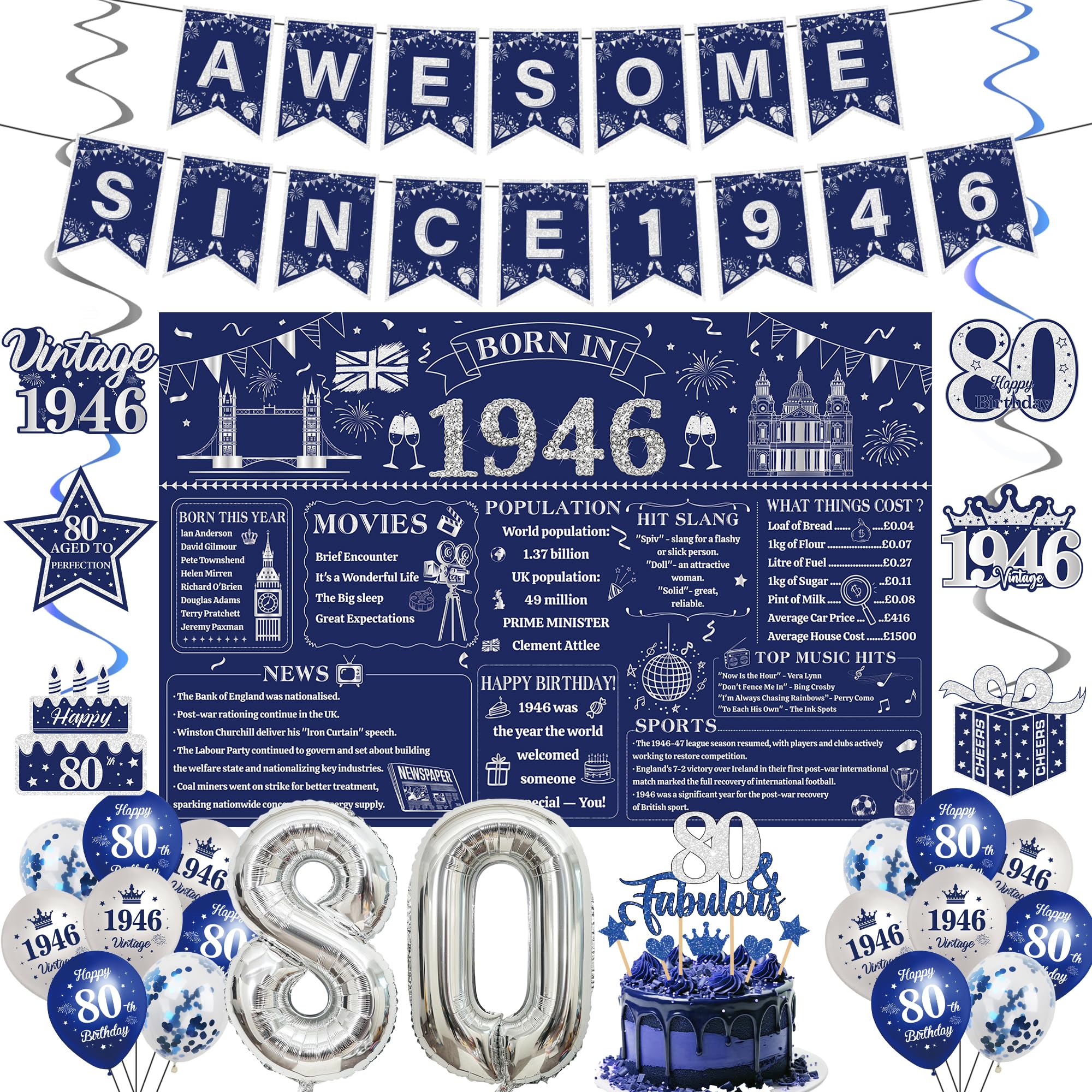 80th Birthday Decorations Men Kit - 32 Pcs Blue Sliver Awesome Since 1946 Banner Born in 1946 Backdrop Hanging Swirls Streamers Cake Topper 80 Balloon Set for 80 Year Old Party Decoration Supplies
