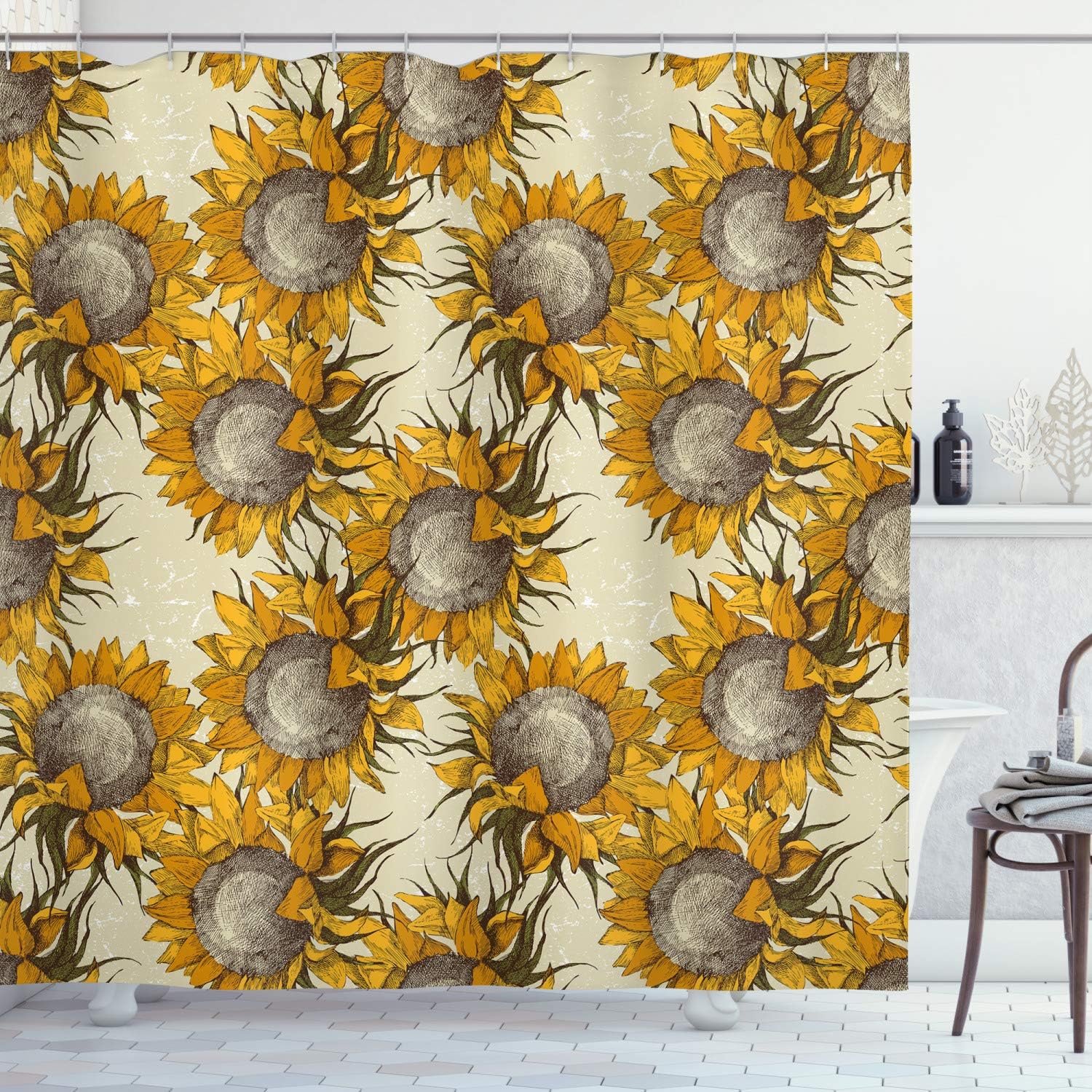 Ambesonne Floral Shower Curtain, Dark Toned Sunflowers with Sketch Effects Harvest Time Theme Paint Picture, Cloth Fabric Bathroom Decor Set with Hooks, 69" W x 75" L, Beige Marigold Umber