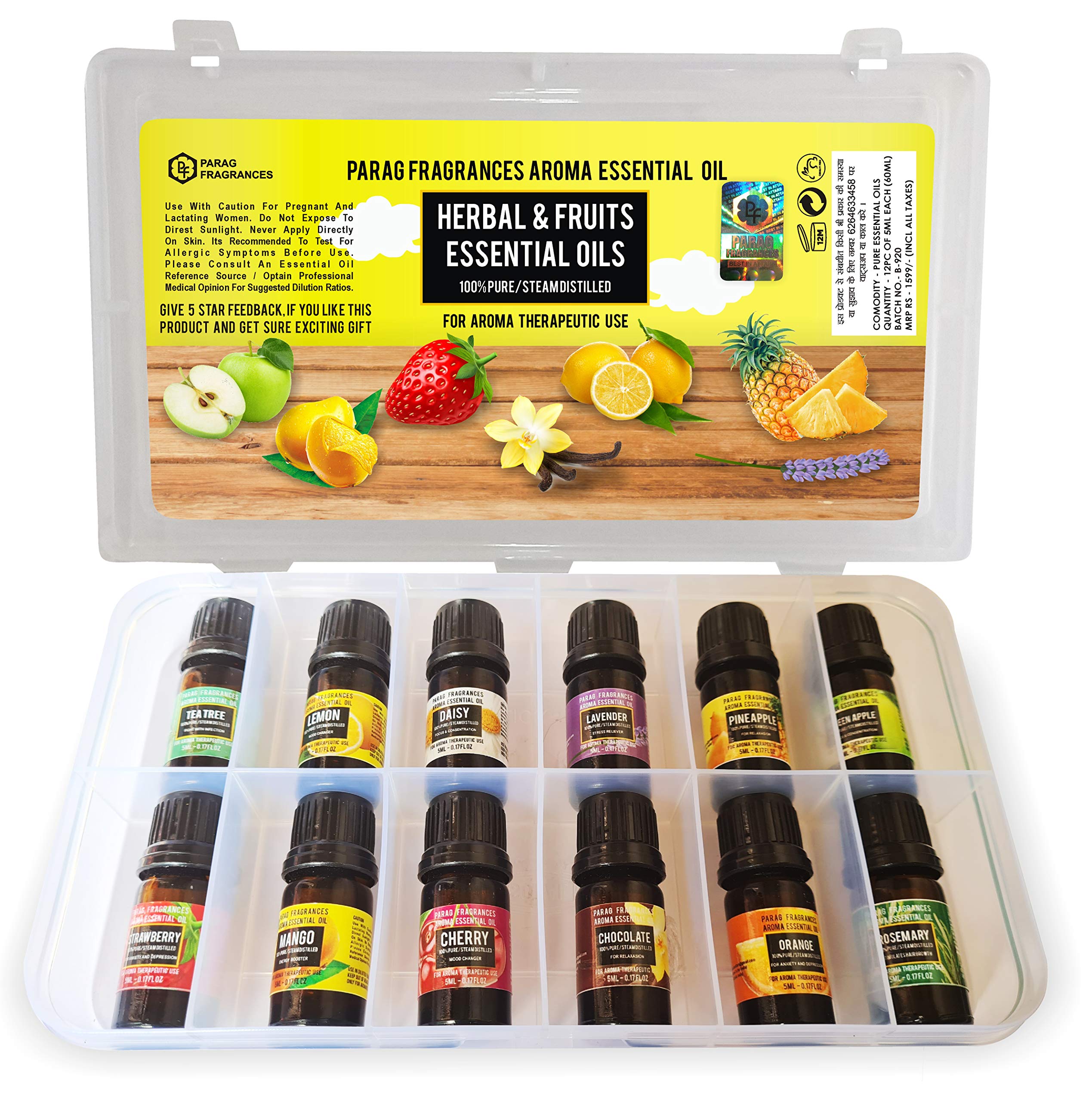 Parag Fragrances Fruits & Herbal Essential Oils 12 in 1 Pack of Strawberry, Rosemary, Mango, Lavender, Tea Tree, Pineapple, Daisy, Lemon, Green Apple, Chocolate, Orange and Cherry (B08T7L2RLJ) Amazon Price History, Amazon Price Tracker