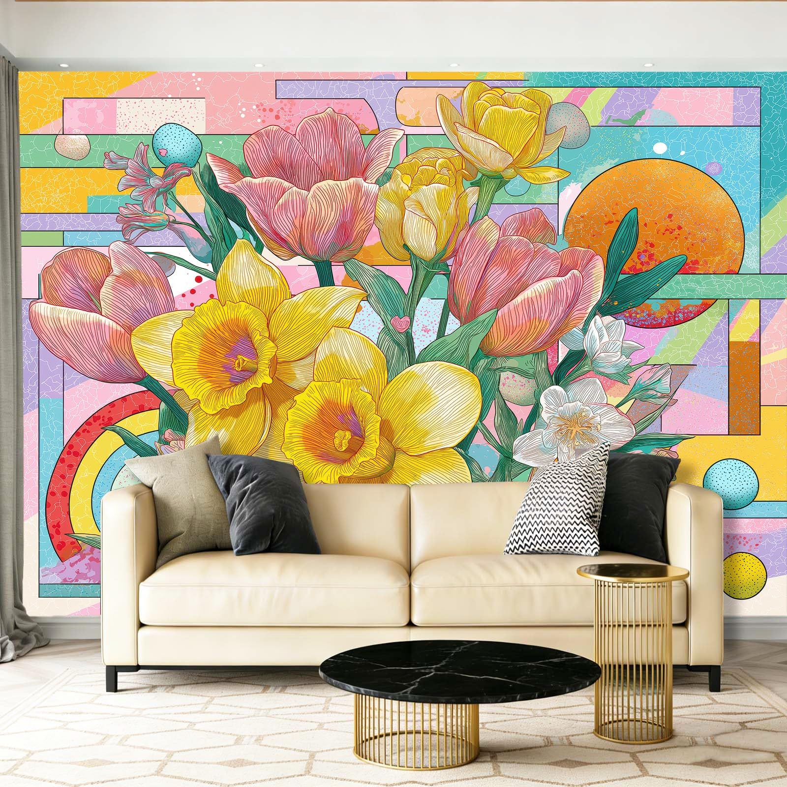 Tapeta Rośliny Kwiaty Geometria Kolorowe Bloki Malowidła Ścienne Fototapety, Kolorowy Wystrój Ścienny Mural do Salonu Sypialni Pokój Dziecięcy Dekoracja Wnętrz 250 x 175 cm