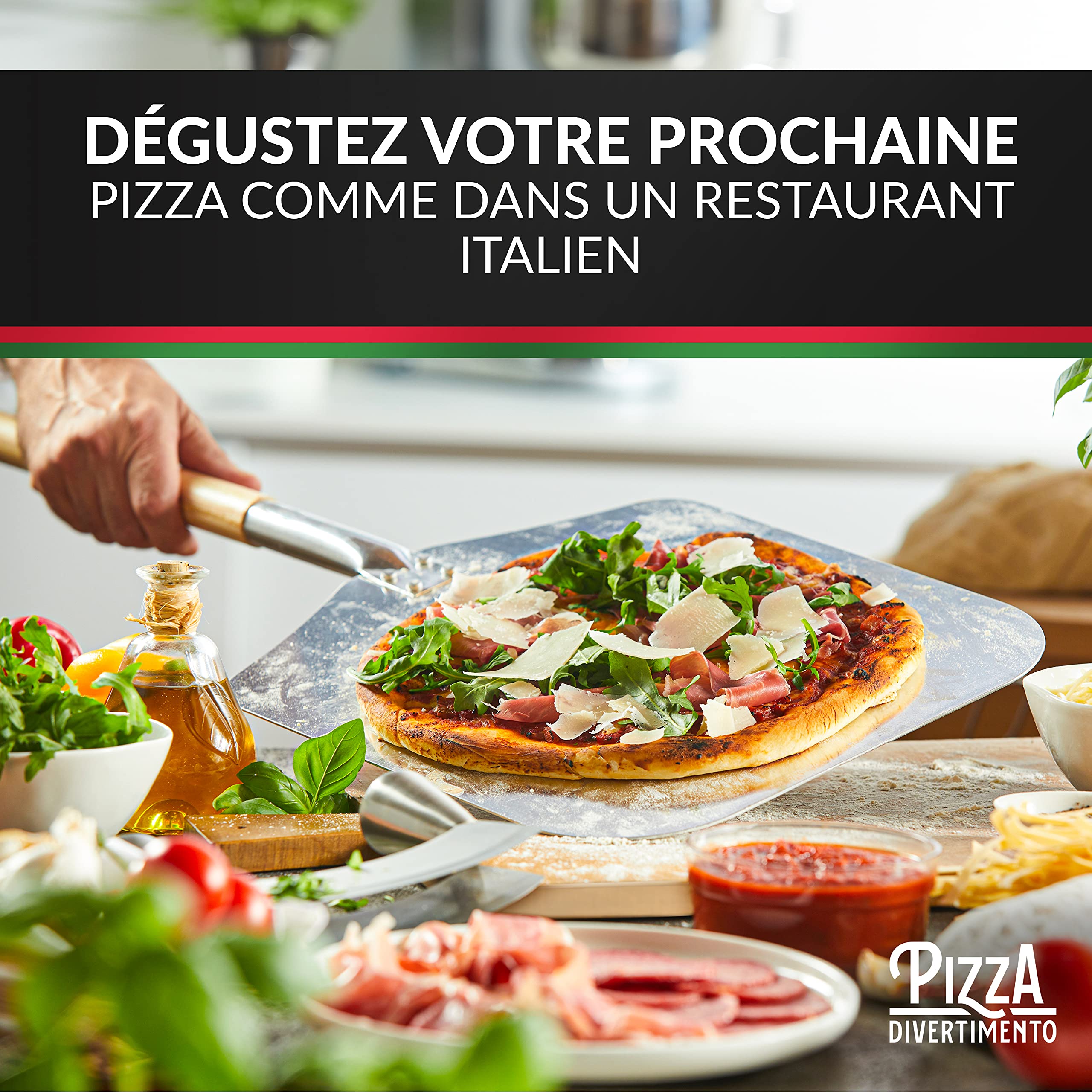 Pizza Divertimento Pierre à pizza pour four - Avec pelle à pizza en bois - Pierre pizza en cordiérite - Pour une base croustillante et une juteuse