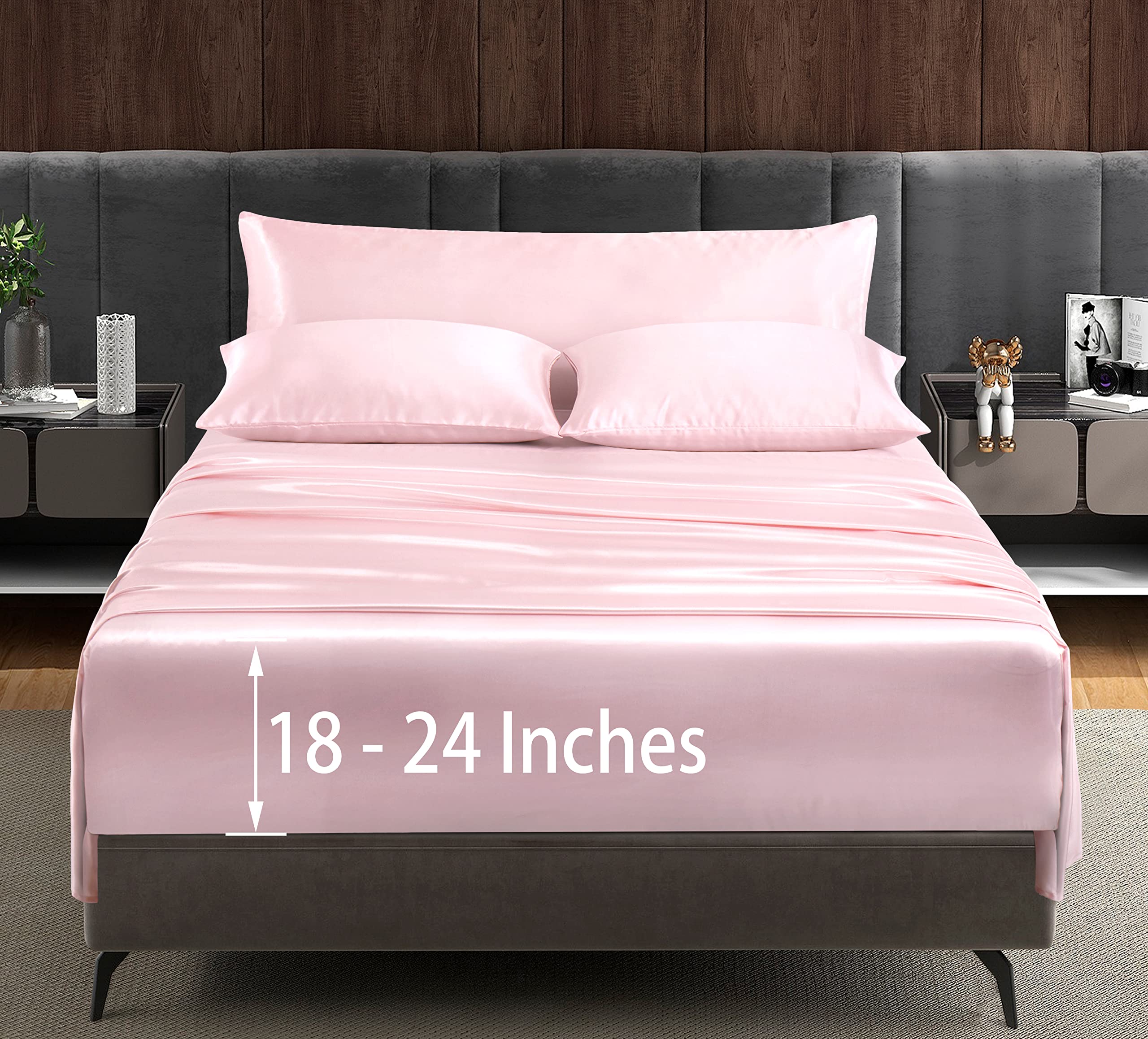 Entain 5Pcs Extra Deep Pocket Satin Sheets for King Size Bed - Up to 24" Mattress, Luxury & Ultra Soft Bedding Sheets Set, Silky Satin Bed Sheets with Body Pillow Cover - Blush Pink