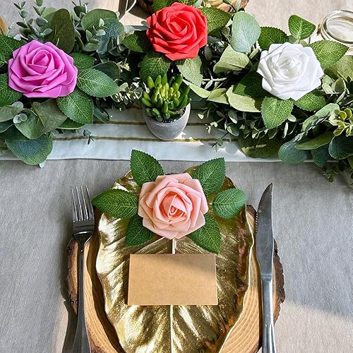 Miniatura 32 de Winlyn 50 rosas rojas de tacto real con tallos y hojas de seda, flores artificiales a granel para bodas, centros de mesa, arreglos florales