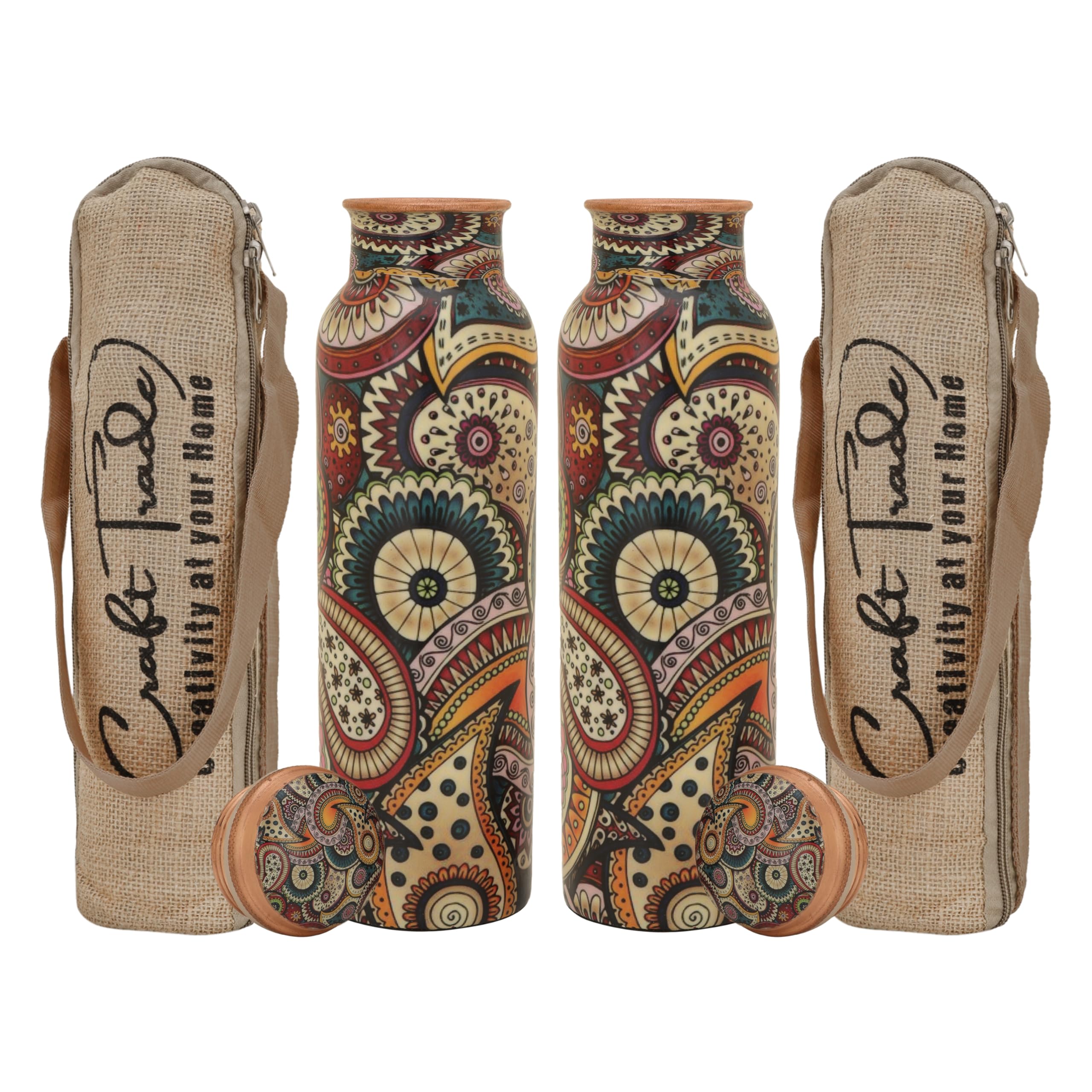 Craft Trade Copper Water Bottle for Drinking 32oz Antique Multicolor Pure Set Of 2 Copper Water BottleTravel Bottle for Gym, Office, Hiking, Outdoor Ayurvedic Hammered Water Jug