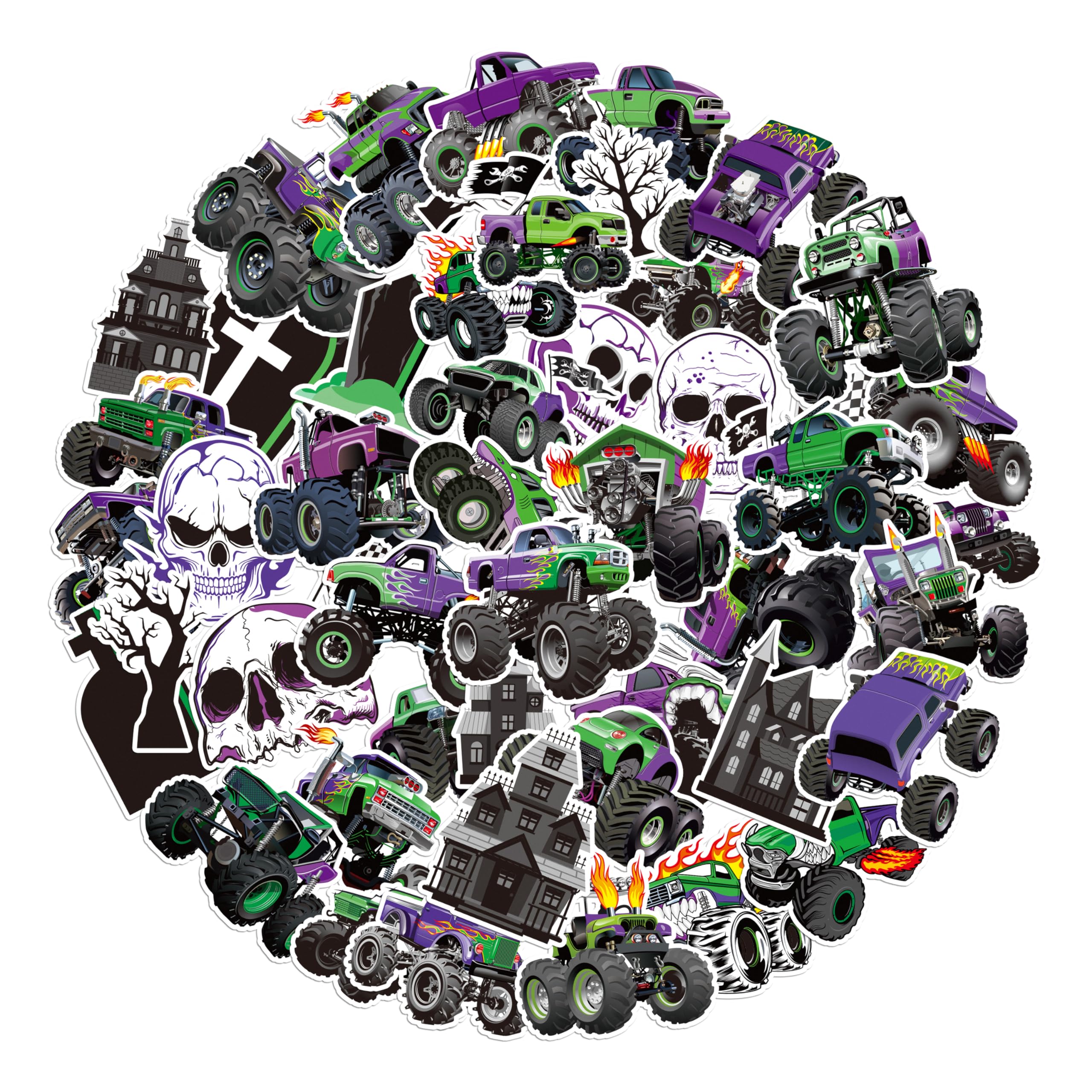 Haooryx Green and Purple Monster Truck Sticker - 50Pcs Monster Truck Waterproof Vinyl Sticker Self-Adhesive Sticker Decal for Bottle Laptop Luggage