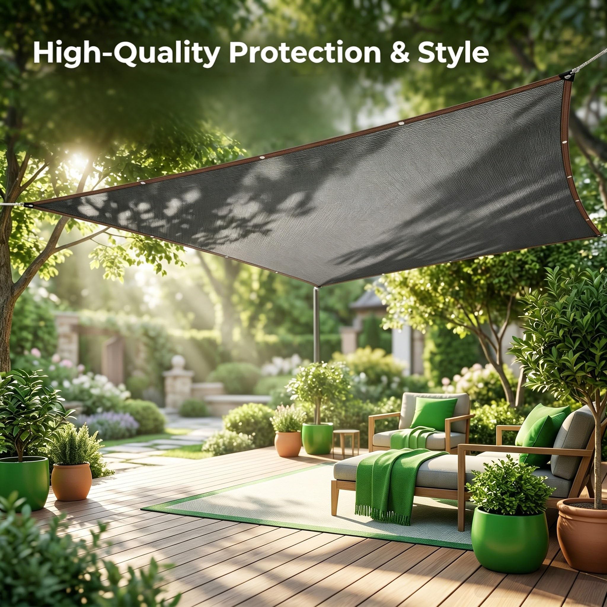 Tenda da sole da giardino, 4 x 6 m, rettangolare, in tela con occhielli e 12 m, resistente al vento, rete ombreggiante in HDPE da 150 g/m², protezione dai raggi UV, per terrazza, balcone