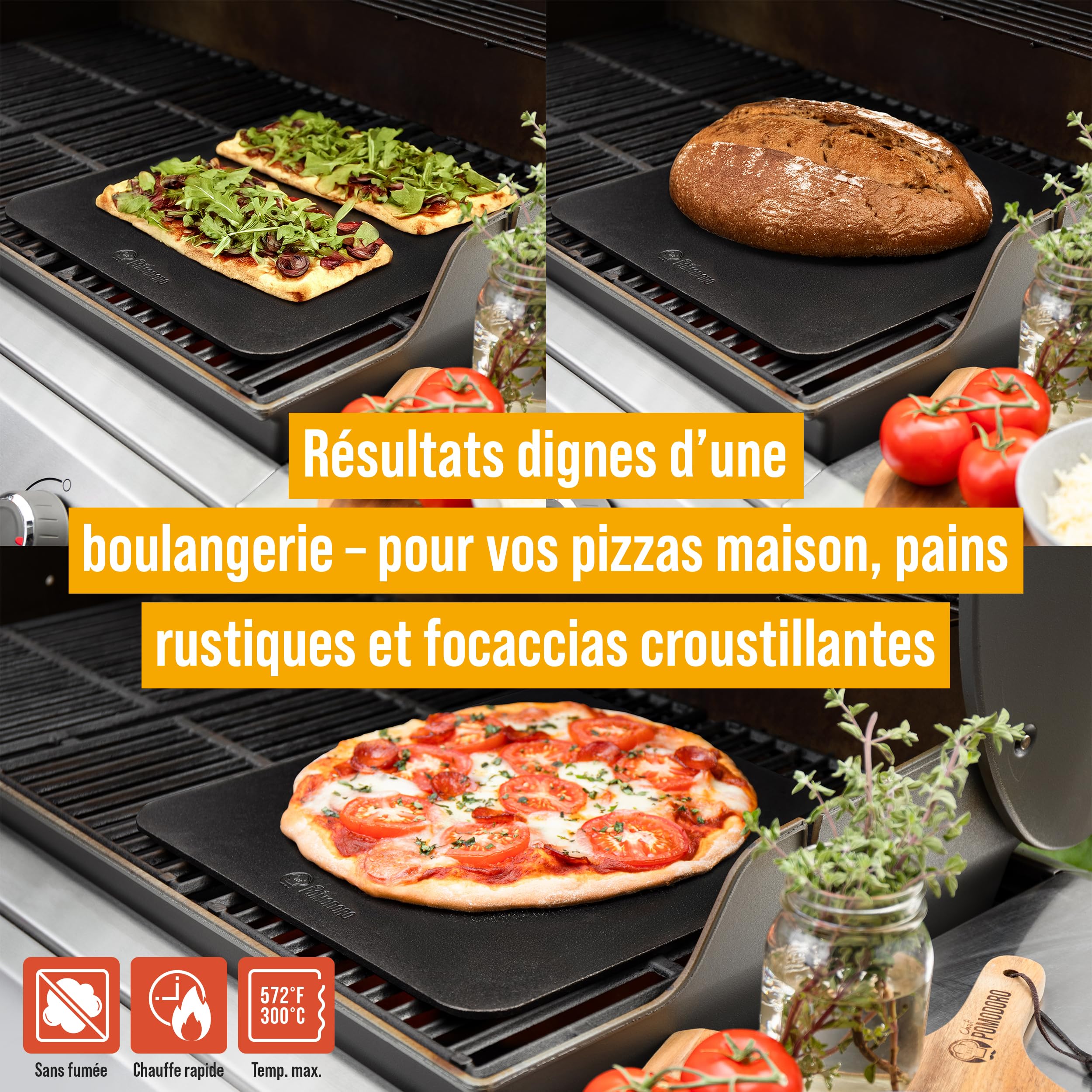 Chef Pomodoro Pierre à Pizza 40,6 x 40,6 cm (6,35 mm), Pierre Réfractaire Four, Pierres à Pizza, Cuisson, Pour Four, Acier, Avec Trous de Préhension, Idéal Pain et Pizza Maison