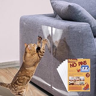 [No Pins] Anti Cat Scratch Furniture Protector-10 Pack Single Side Couch Protector for Cats, Self-Adhesive Cat Tape for Furniture, Clear Cat Scratch Deterrent for Furniture