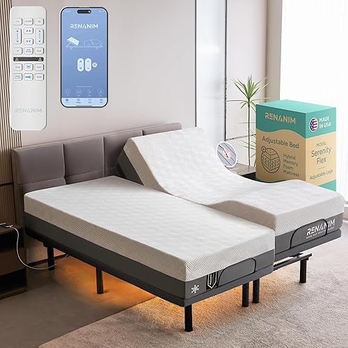 SF Split King Electric Adjustable Bed Frame with 14" Hybrid Memory Foam Mattress - Adjustable Mattress Base with Electric Massage, USB, UnderBed Light & Wireless Remote