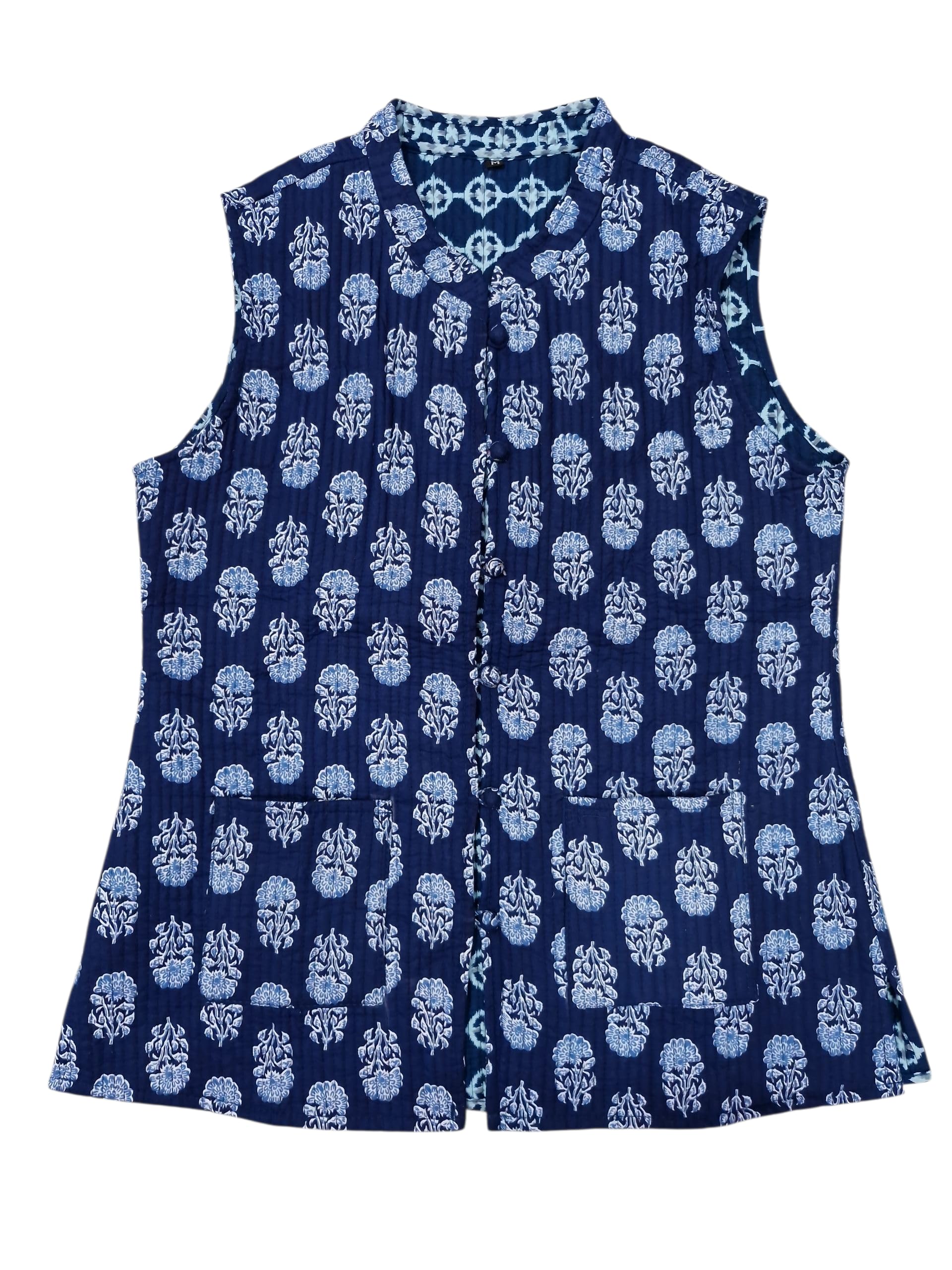 Women's Sleeveless Jacket Navy Blue with Light Blue Floral Print Pattern, Summer Casual Tank-image-47