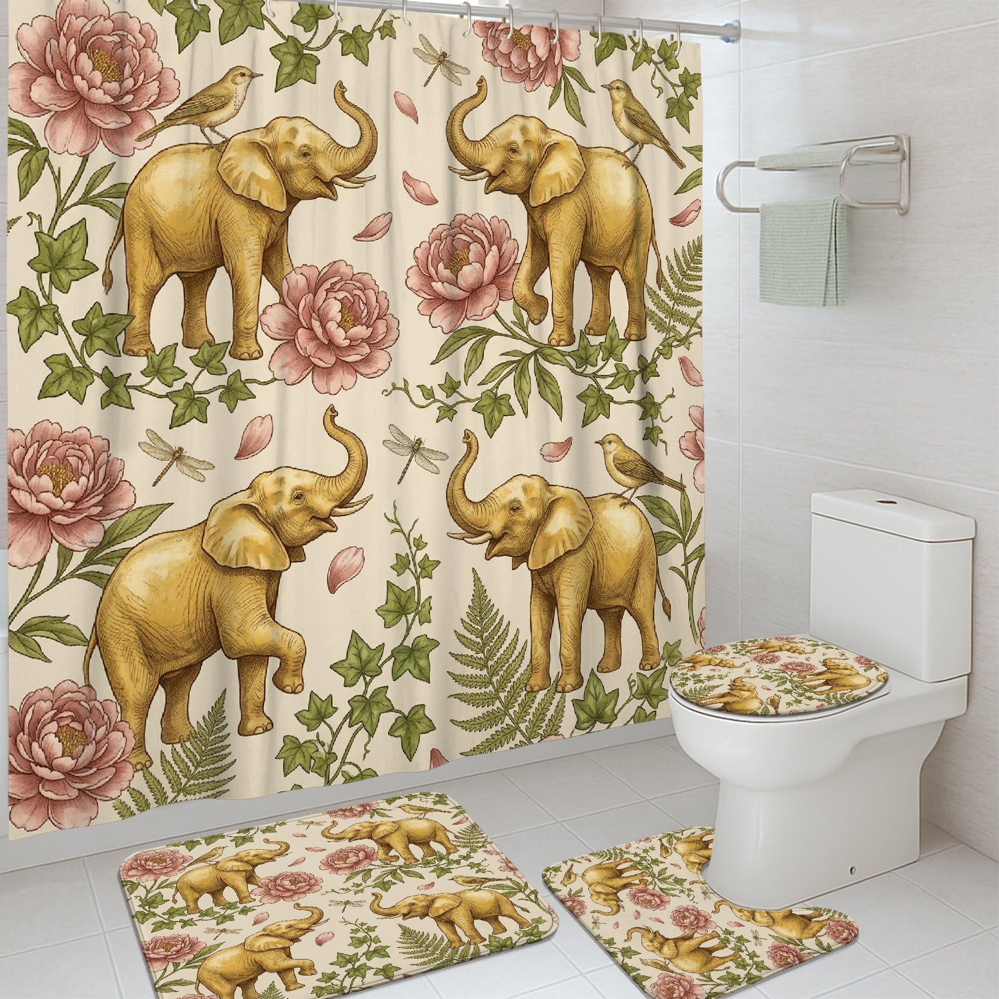 Ensemble rideau de douche et tapis botanique vintage pour dortoir et baignoire