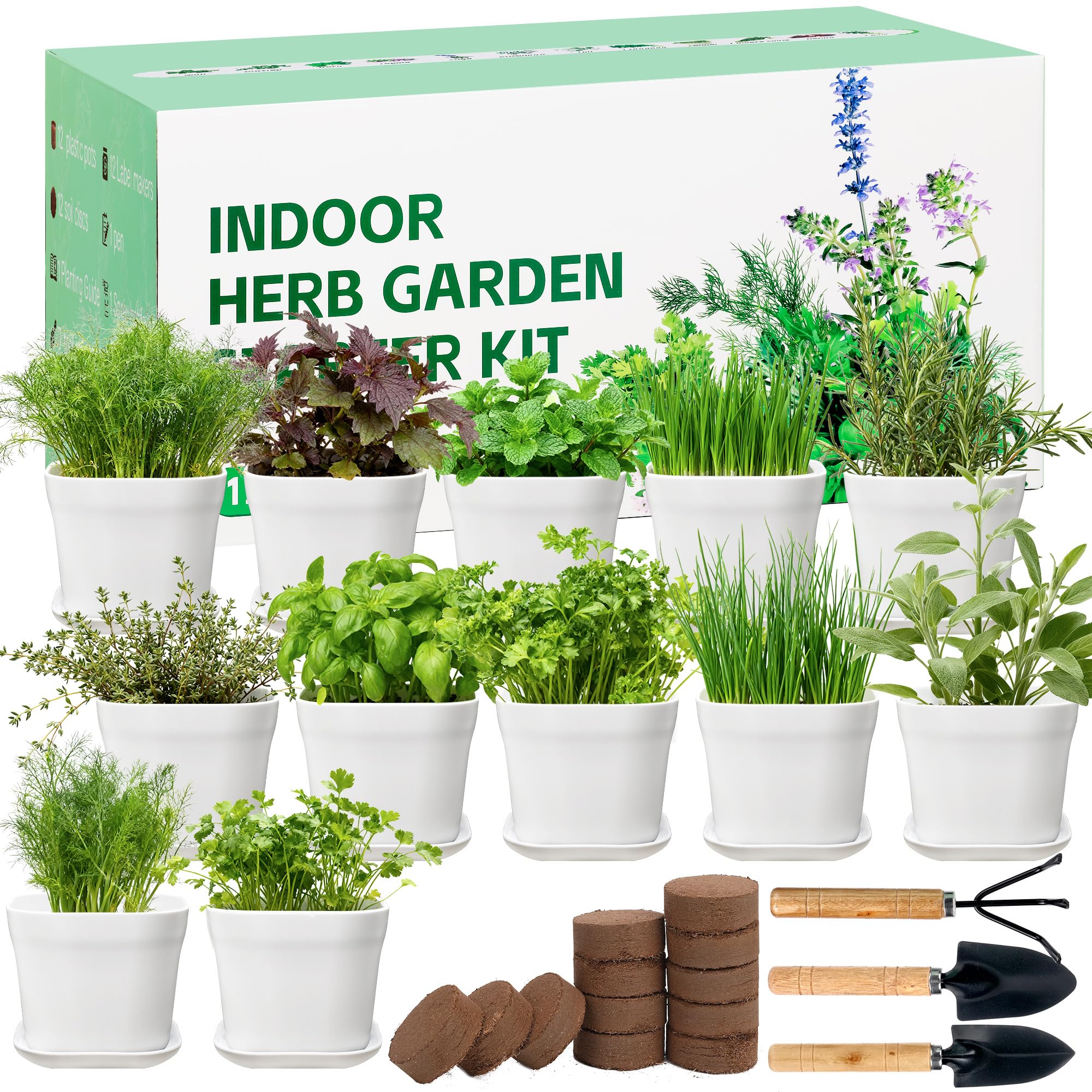 Photo 1 of 12 Garden Kit Indoor - 42 Pcs Complete Kitchen Window Herbs Seeds Growing Starter Set Kit Gardening Gift Birthday Housewarming Christmas Gift for Women Her Mom Men Home Chefs Gardener Beginner