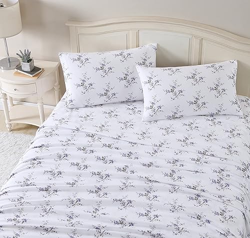 Laura Ashley Home - Sábanas de tamaño matrimonial, 4 unidades, juego de ropa de cama de franela de algodón, cepillado para mayor suavidad y